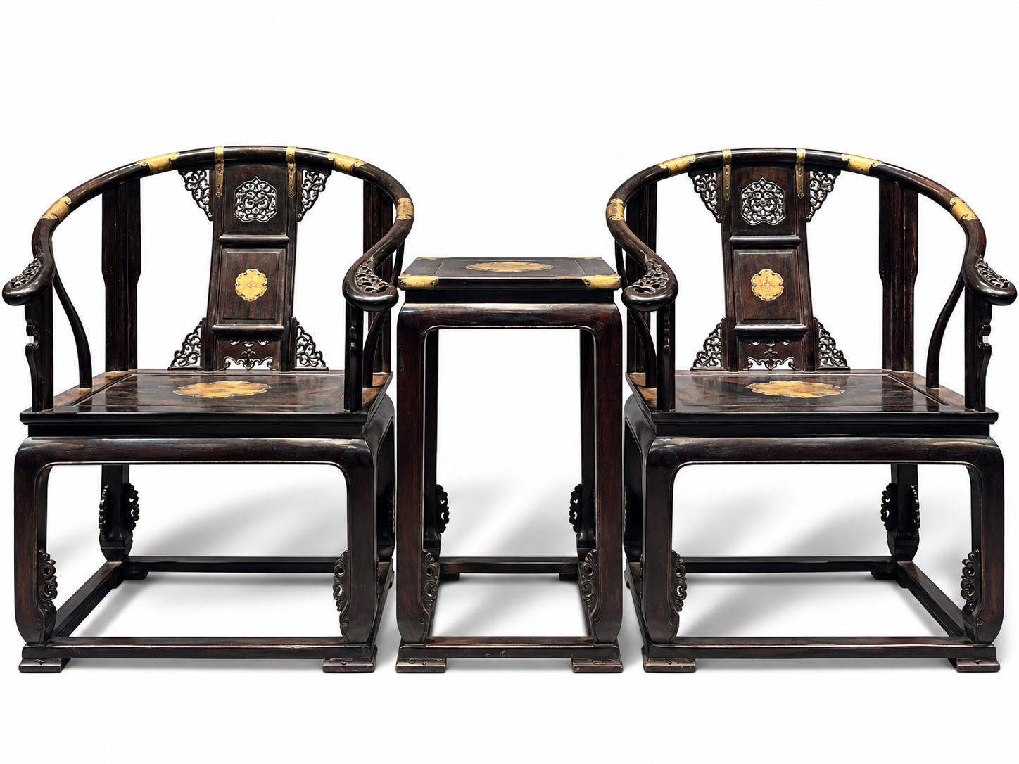 Qing Dynasty Sandalwood hand-carved clad copper Three-piece Chair and Tables set