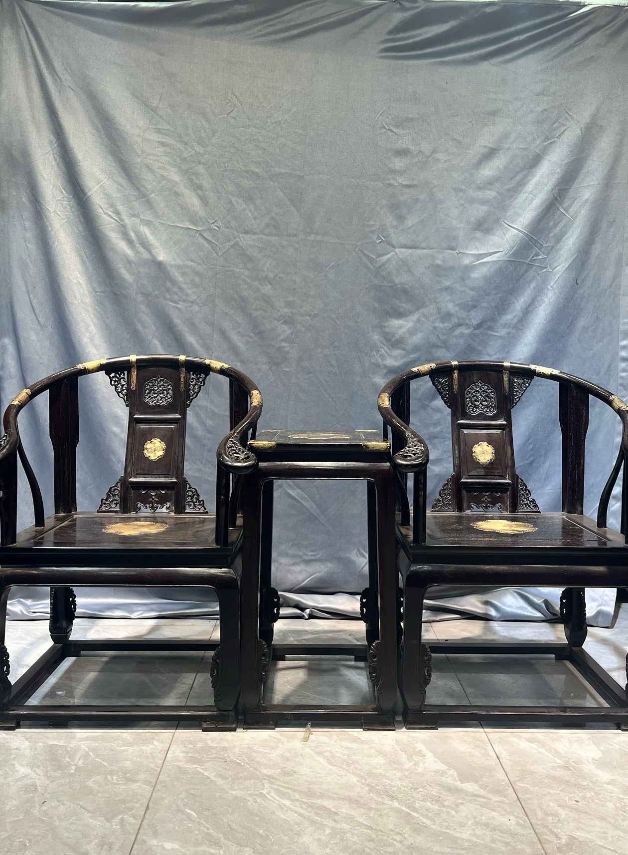 Qing Dynasty Sandalwood hand-carved clad copper Three-piece Chair and Tables set