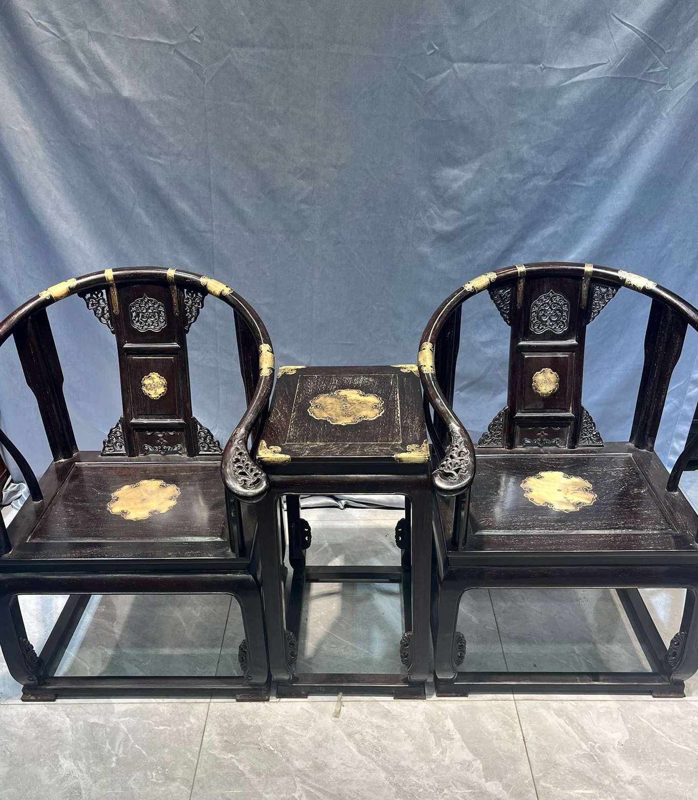 Qing Dynasty Sandalwood hand-carved clad copper Three-piece Chair and Tables set