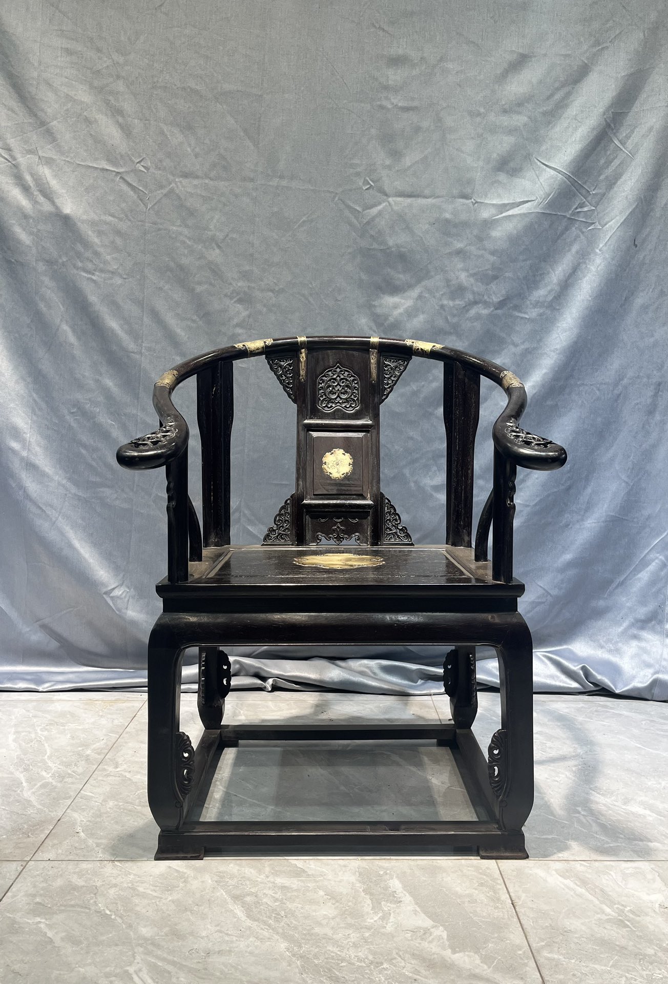 Qing Dynasty Sandalwood hand-carved clad copper Three-piece Chair and Tables set