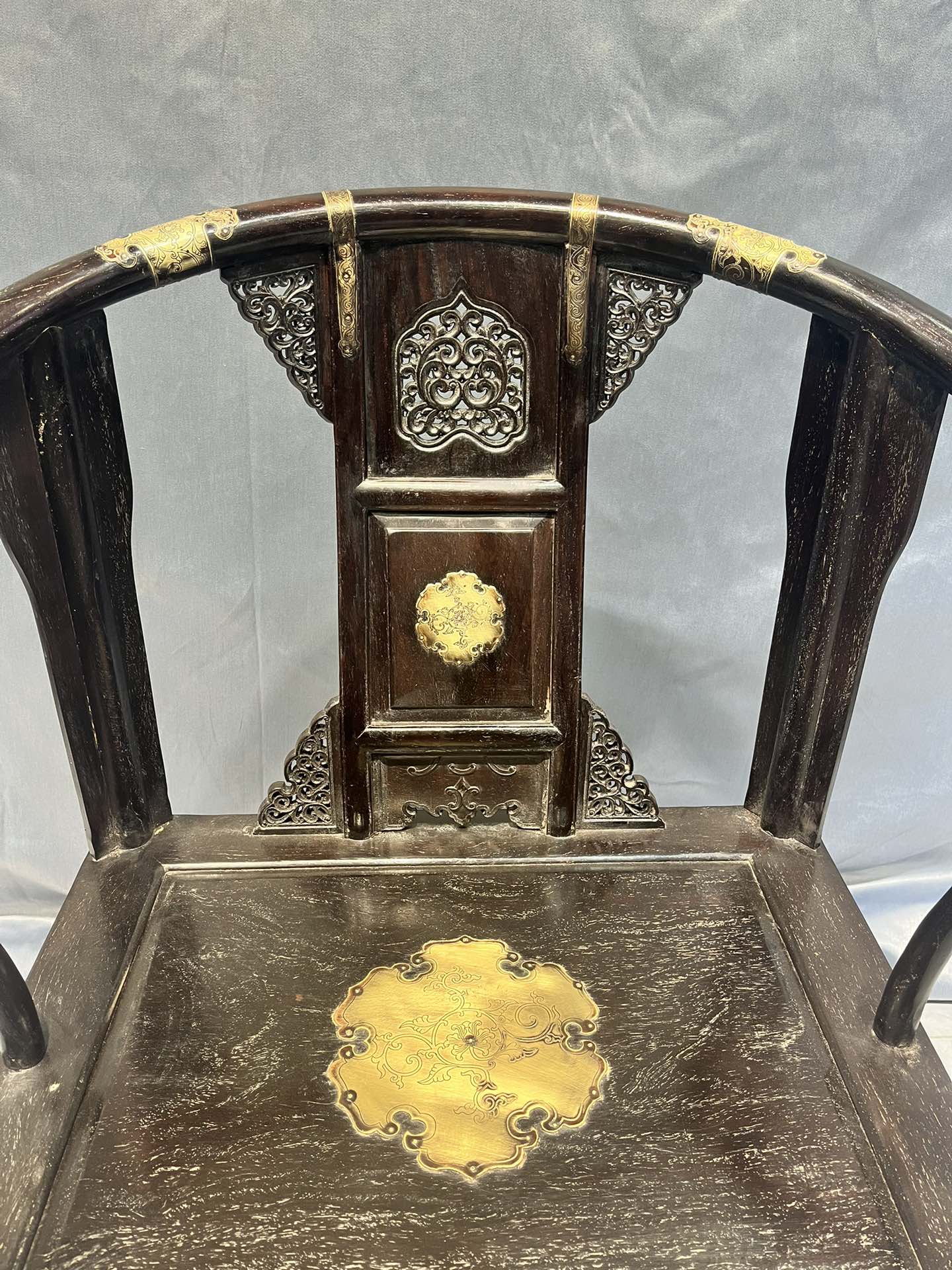 Qing Dynasty Sandalwood hand-carved clad copper Three-piece Chair and Tables set
