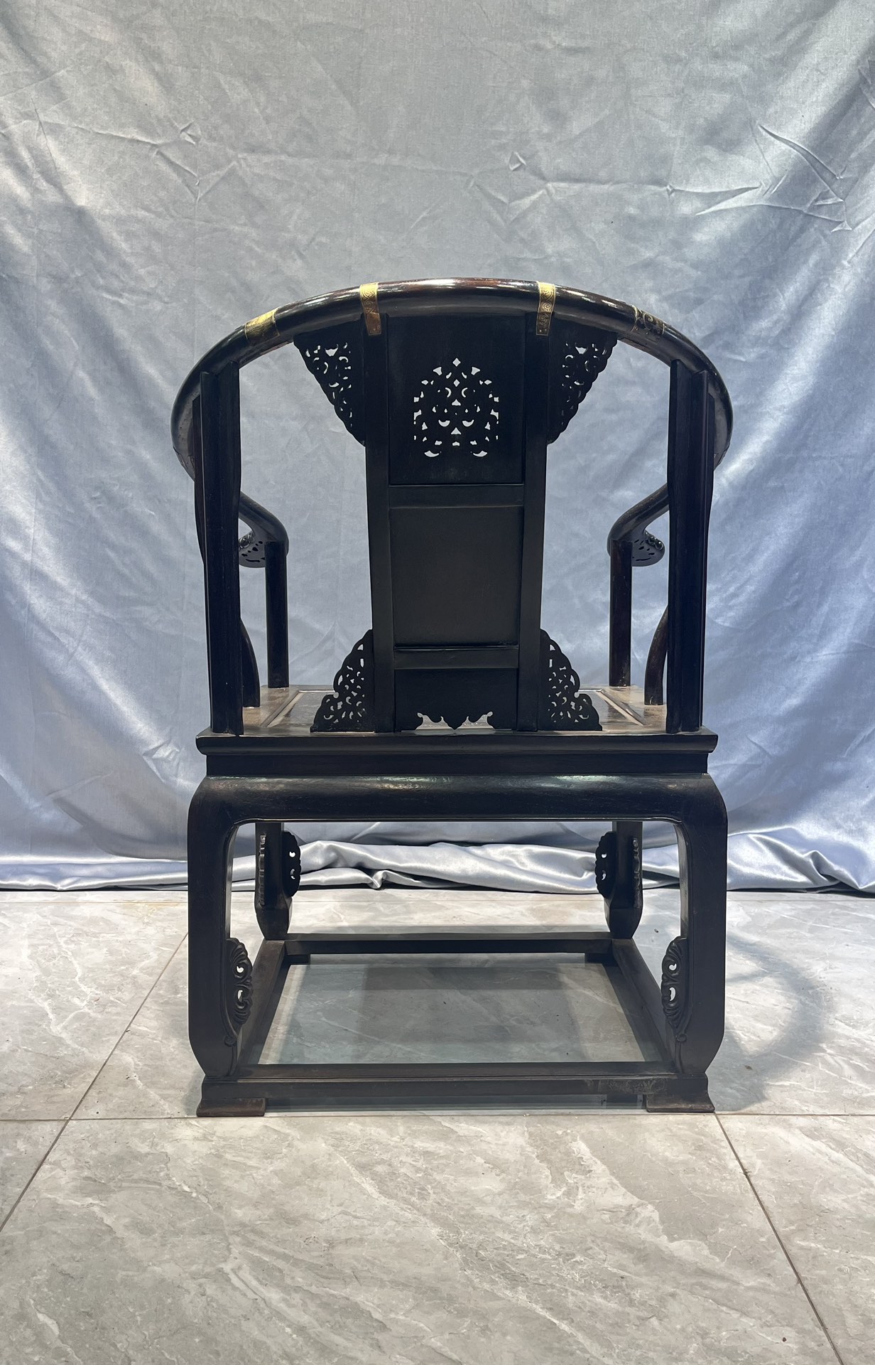Qing Dynasty Sandalwood hand-carved clad copper Three-piece Chair and Tables set