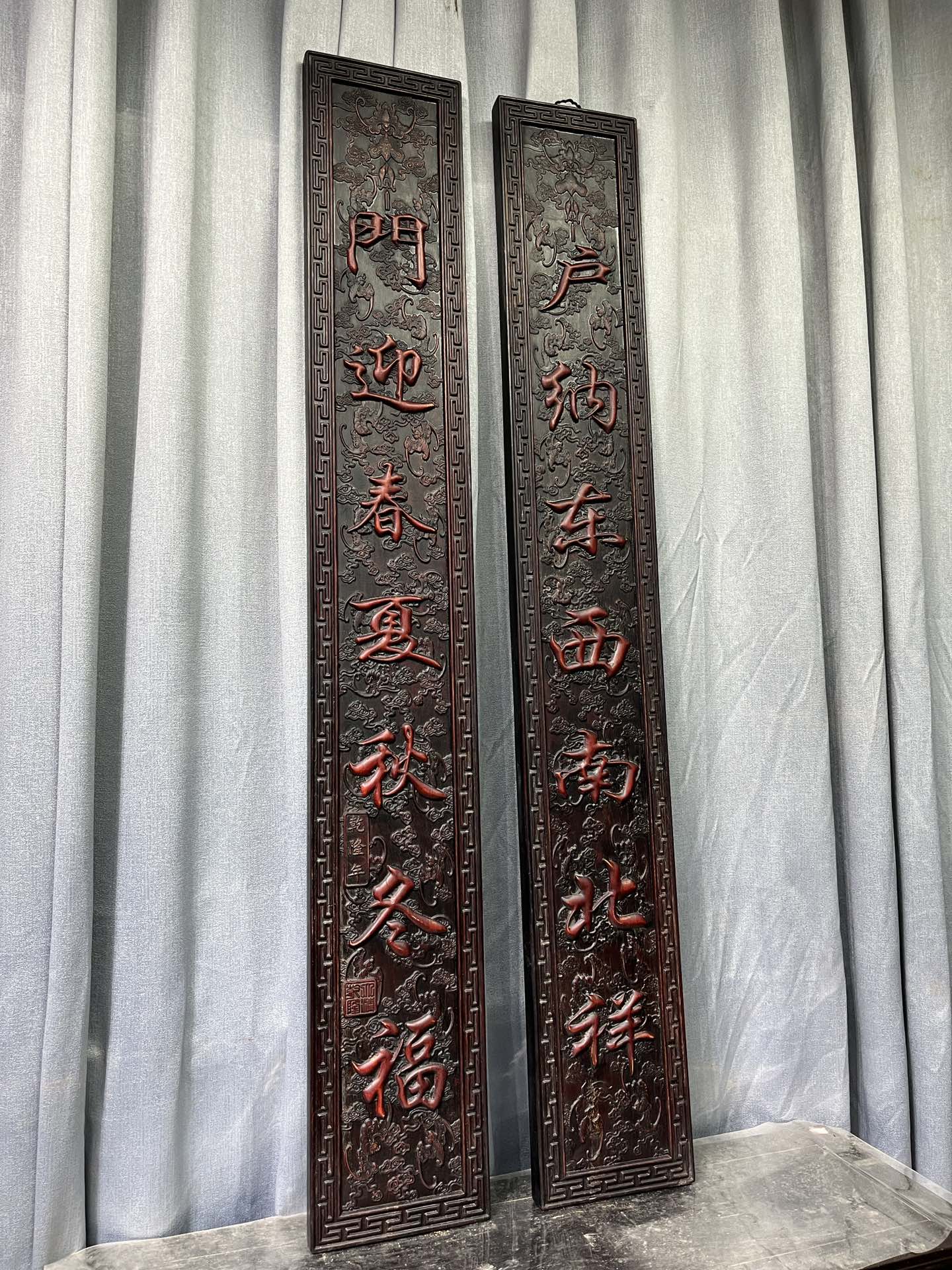 Qing Dynasty Rosewood fully carved relief couplets single-board
