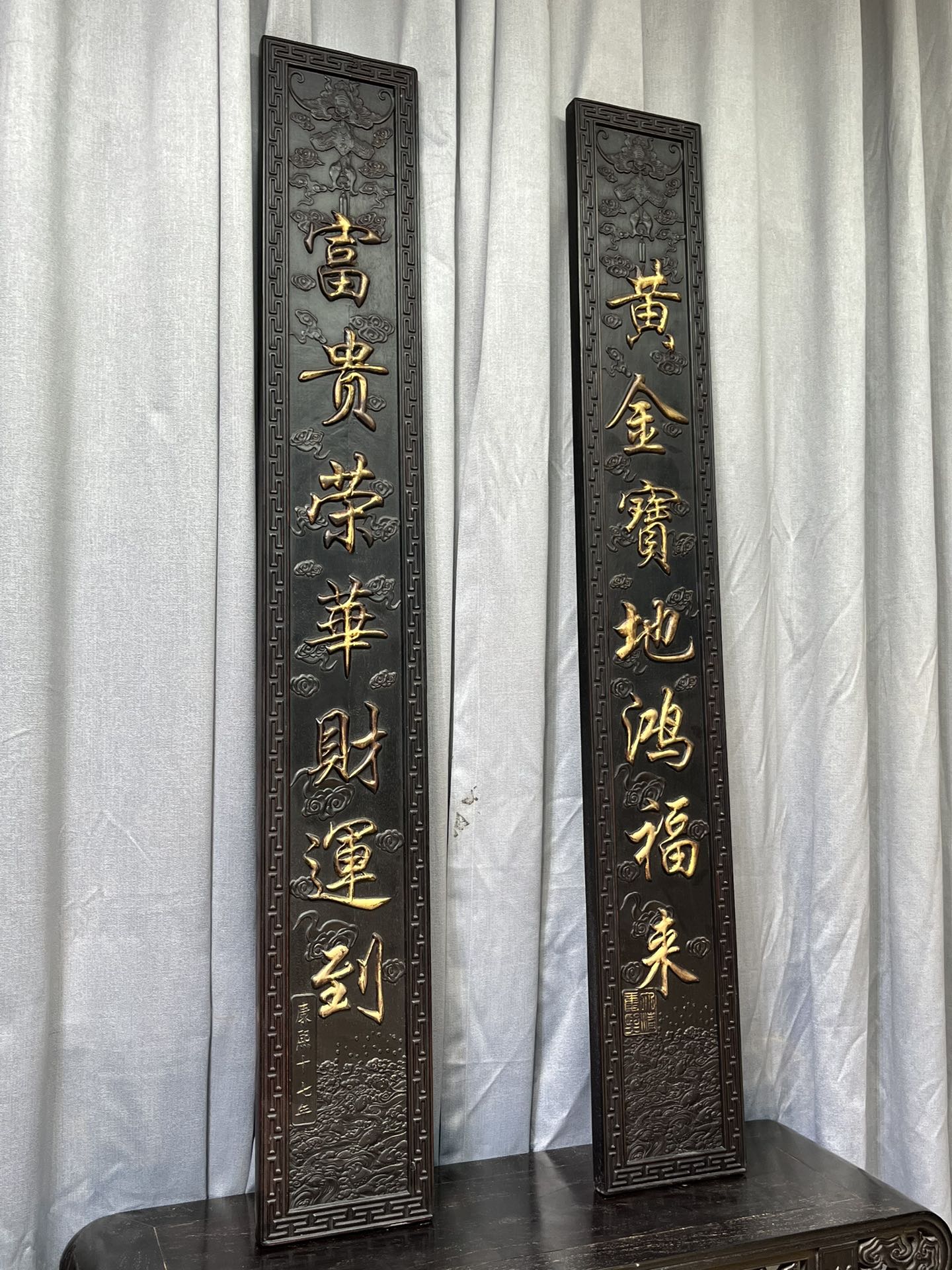 Qing Dynasty Sandalwood fully carved Gold-painted relief couplets single-board