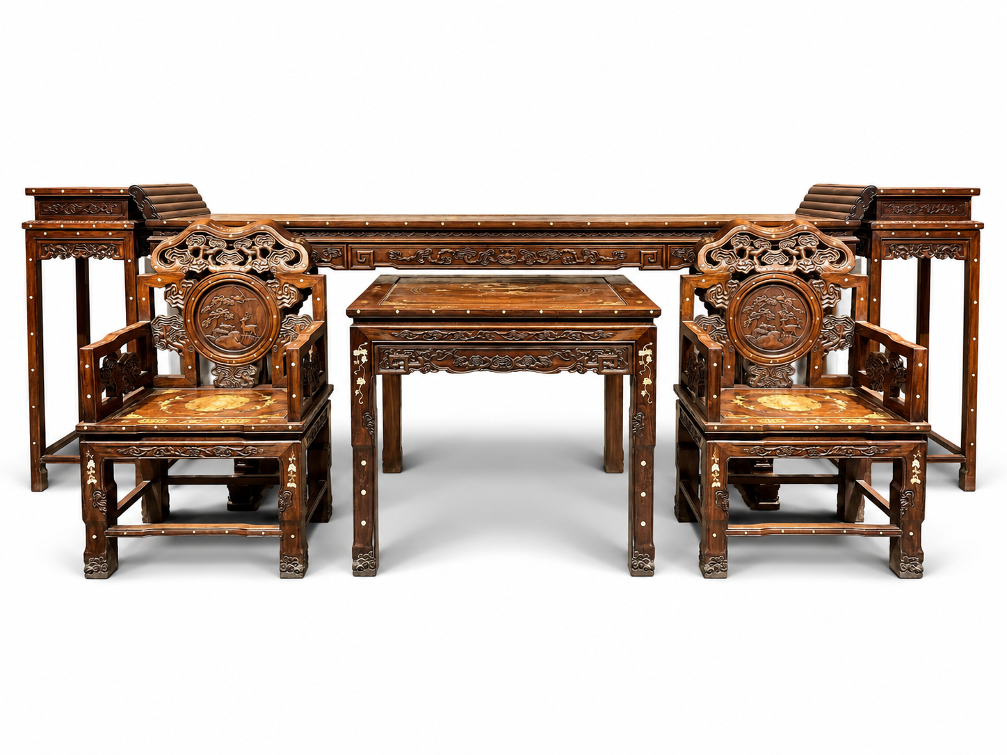 Qing Dynasty Rosewood inlaid high-quality shells and copper-clad nave Six-piece set Tables Chair