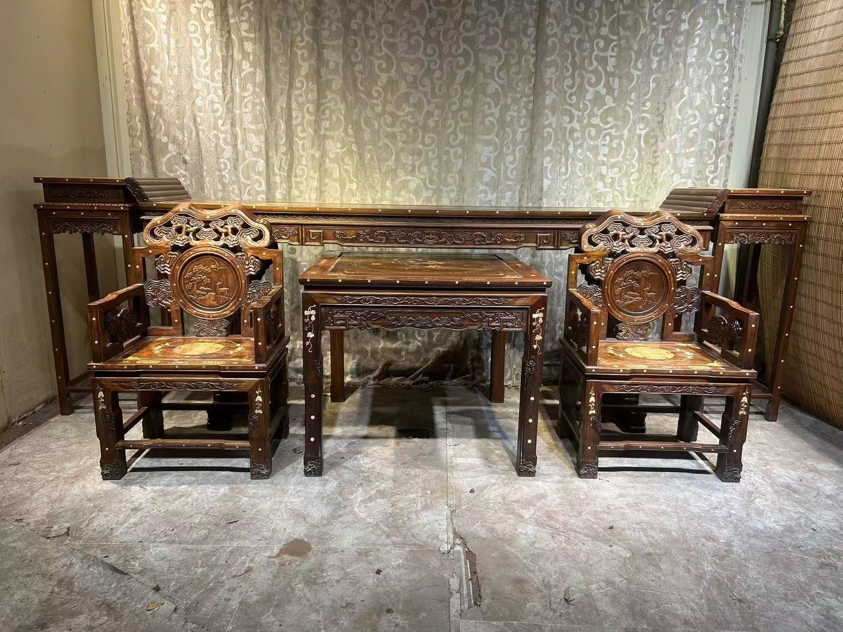 Qing Dynasty Rosewood inlaid high-quality shells and copper-clad nave Six-piece set Tables Chair