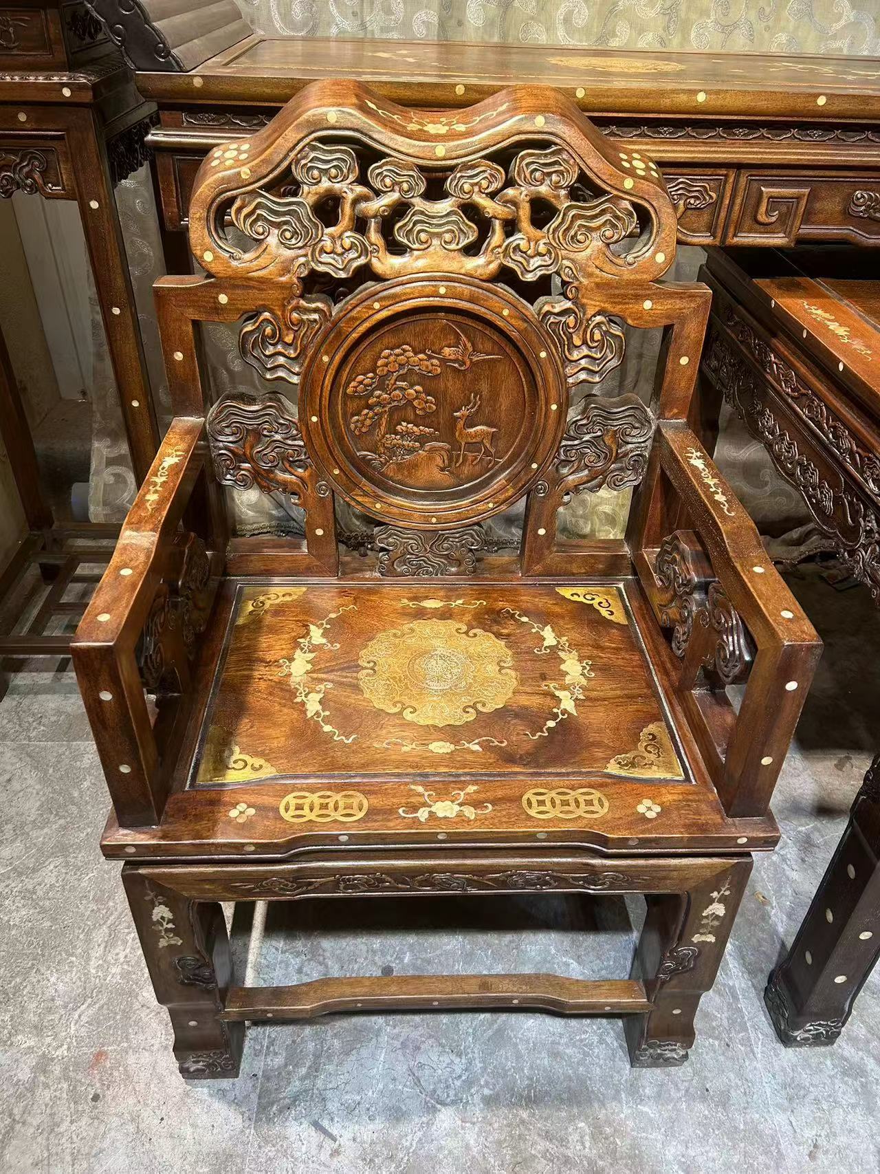 Qing Dynasty Rosewood inlaid high-quality shells and copper-clad nave Six-piece set Tables Chair