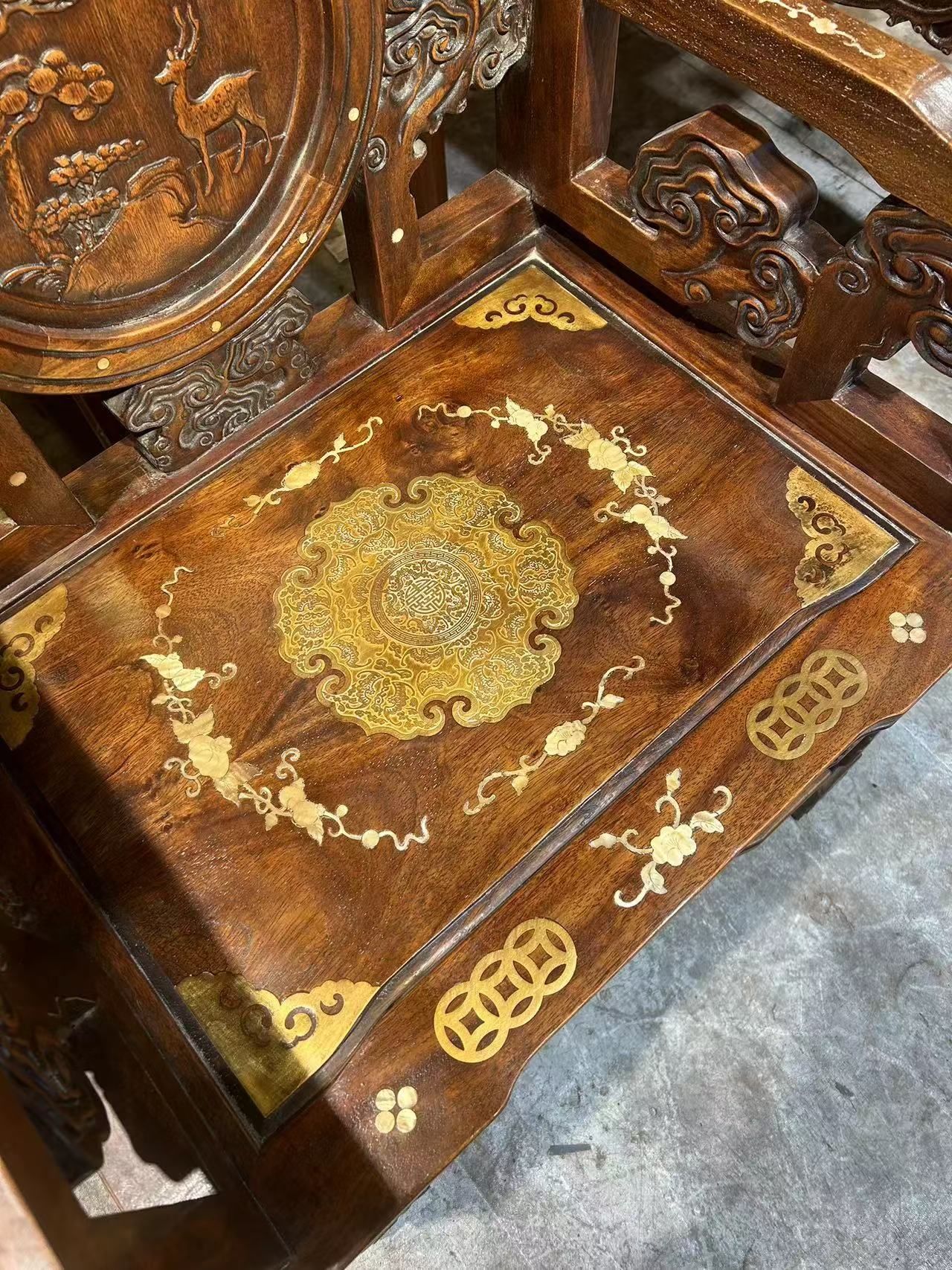 Qing Dynasty Rosewood inlaid high-quality shells and copper-clad nave Six-piece set Tables Chair