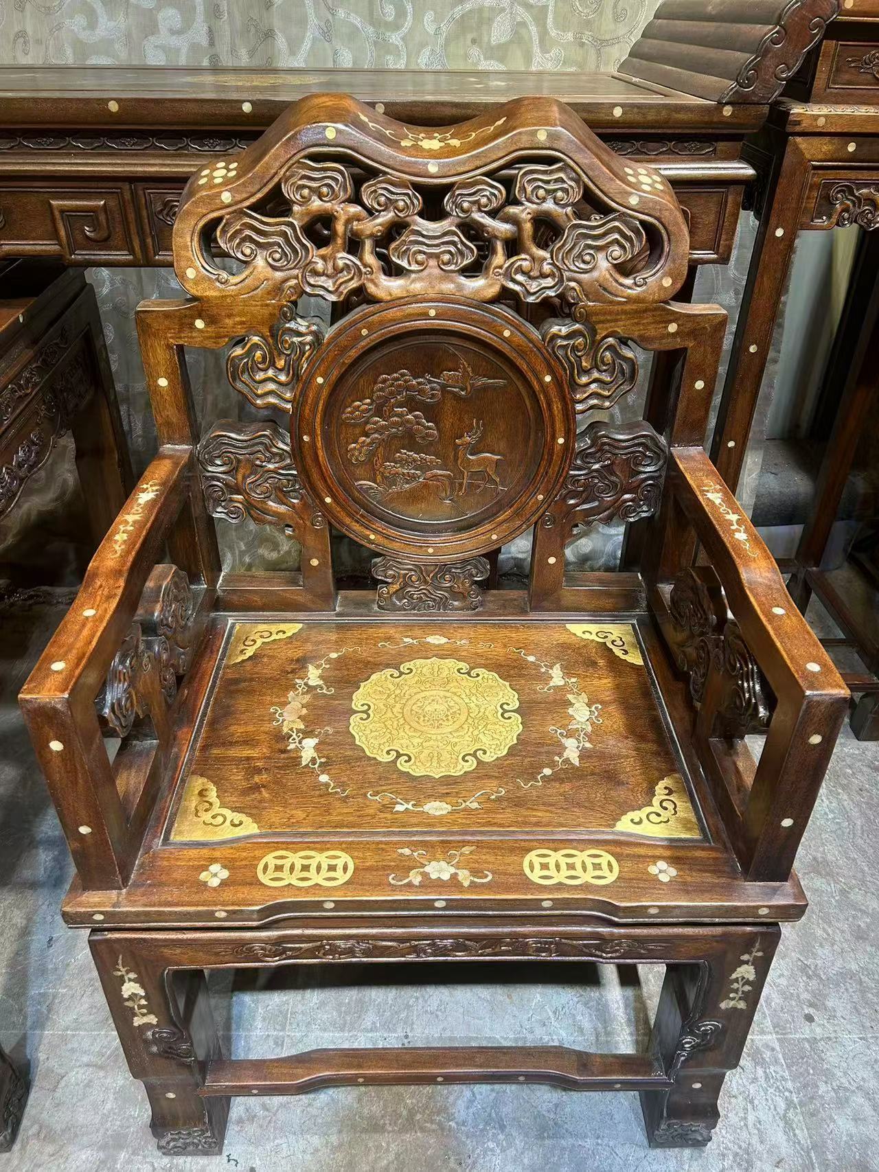 Qing Dynasty Rosewood inlaid high-quality shells and copper-clad nave Six-piece set Tables Chair