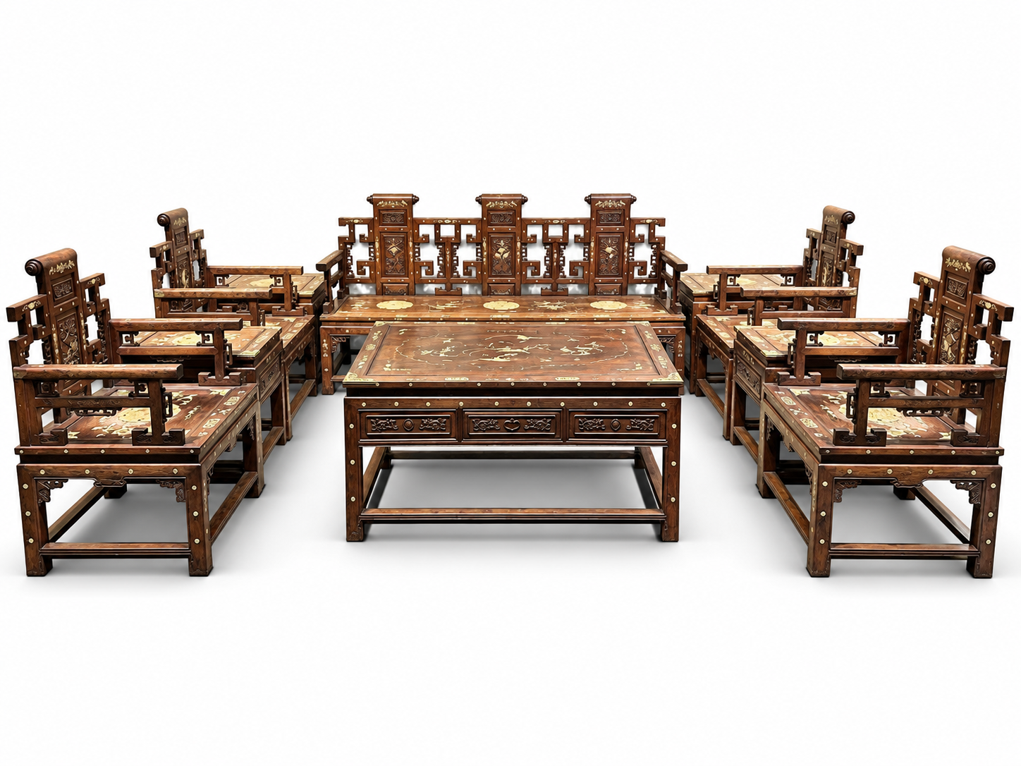 Qing Dynasty Huanghuali wood inlaid high-quality scroll Ten-piece sofa set Tables and Chari