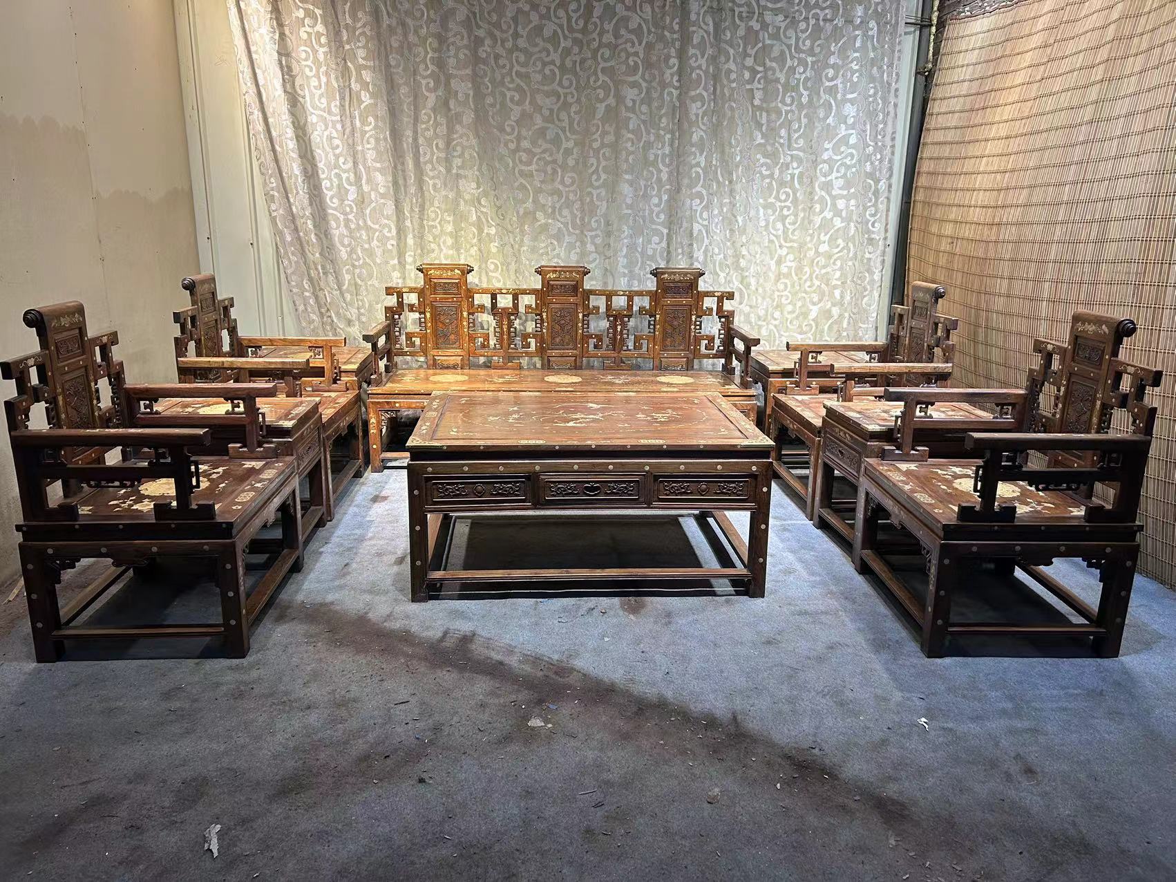 Qing Dynasty Huanghuali wood inlaid high-quality scroll Ten-piece sofa set Tables and Chari
