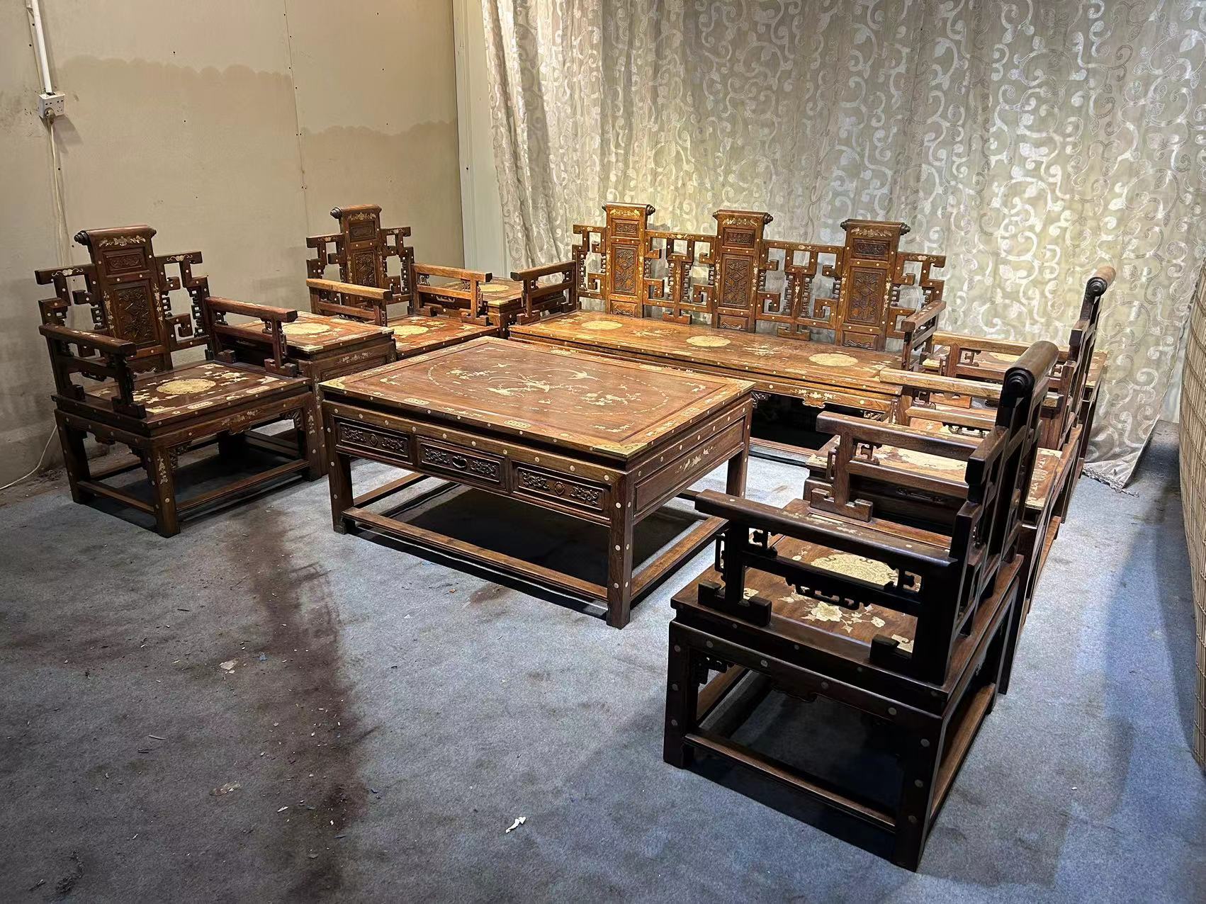 Qing Dynasty Huanghuali wood inlaid high-quality scroll Ten-piece sofa set Tables and Chari