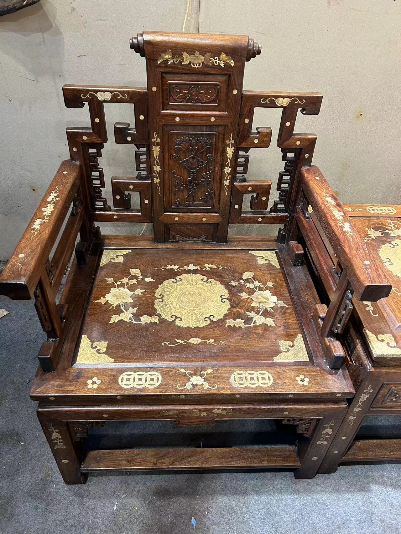 Qing Dynasty Huanghuali wood inlaid high-quality scroll Ten-piece sofa set Tables and Chari