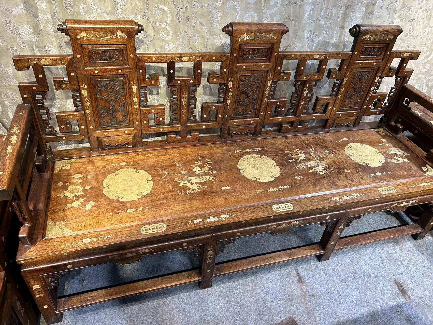 Qing Dynasty Huanghuali wood inlaid high-quality scroll Ten-piece sofa set Tables and Chari