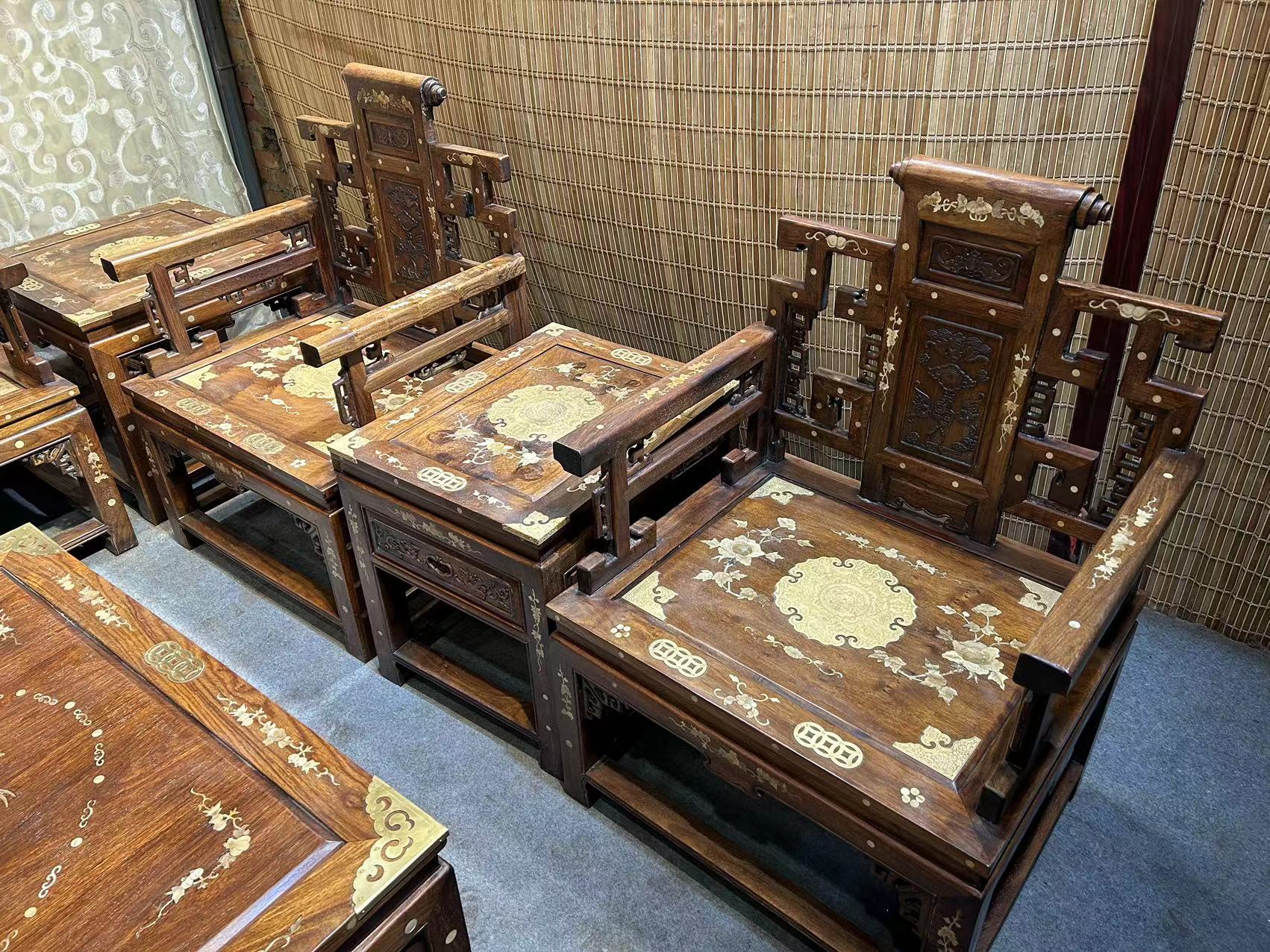 Qing Dynasty Huanghuali wood inlaid high-quality scroll Ten-piece sofa set Tables and Chari