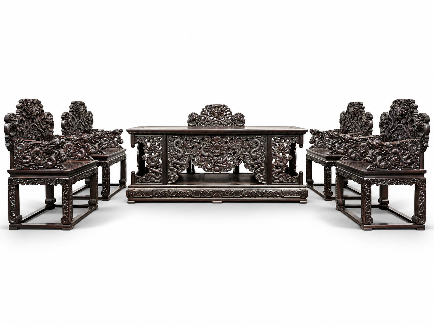Qing Dynasty Rosewood curved hand dragon pattern five large thrones tea Tables and chair