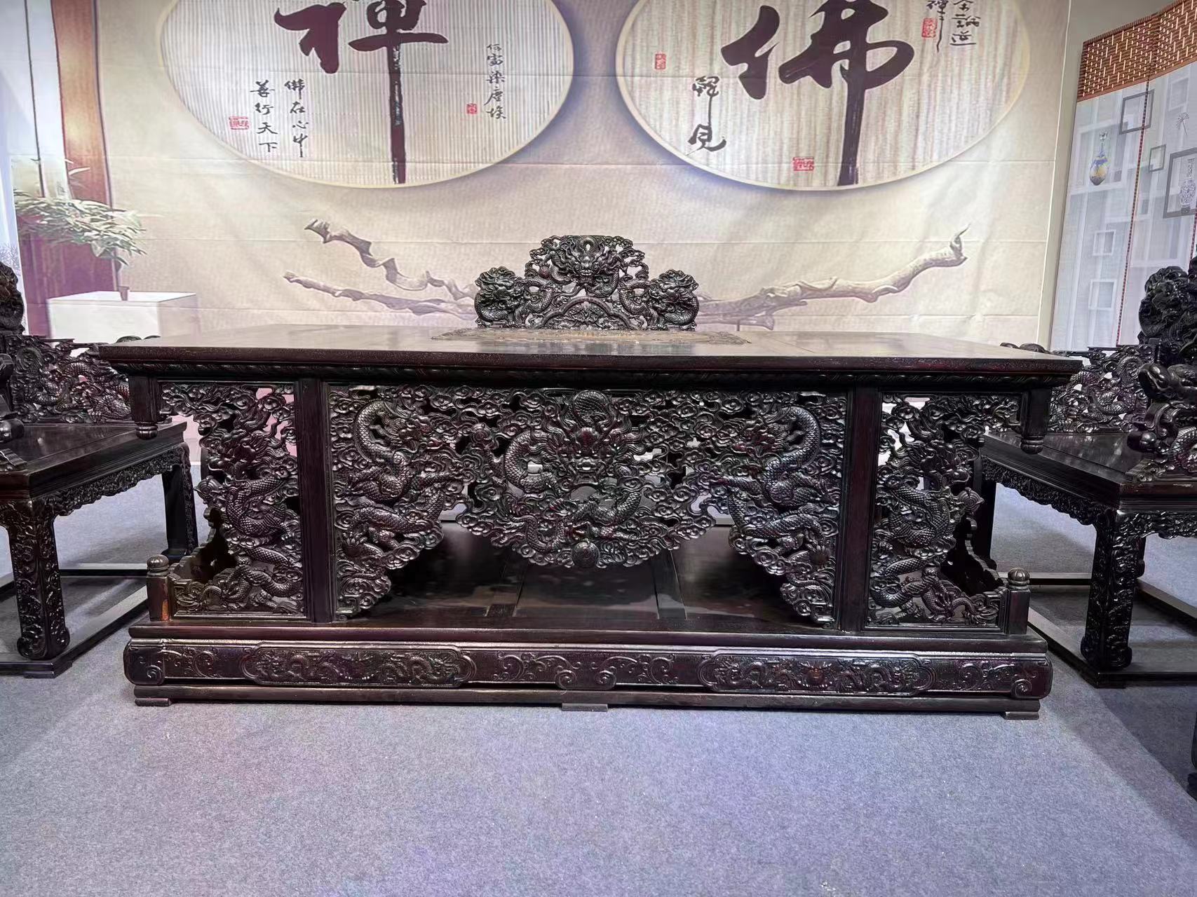 Qing Dynasty Rosewood curved hand dragon pattern five large thrones tea Tables and chair