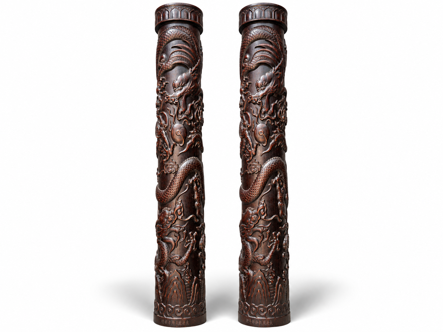 Qing Dynasty Sandalwood dragon roof beams pattern carvings pair high-relief pillars