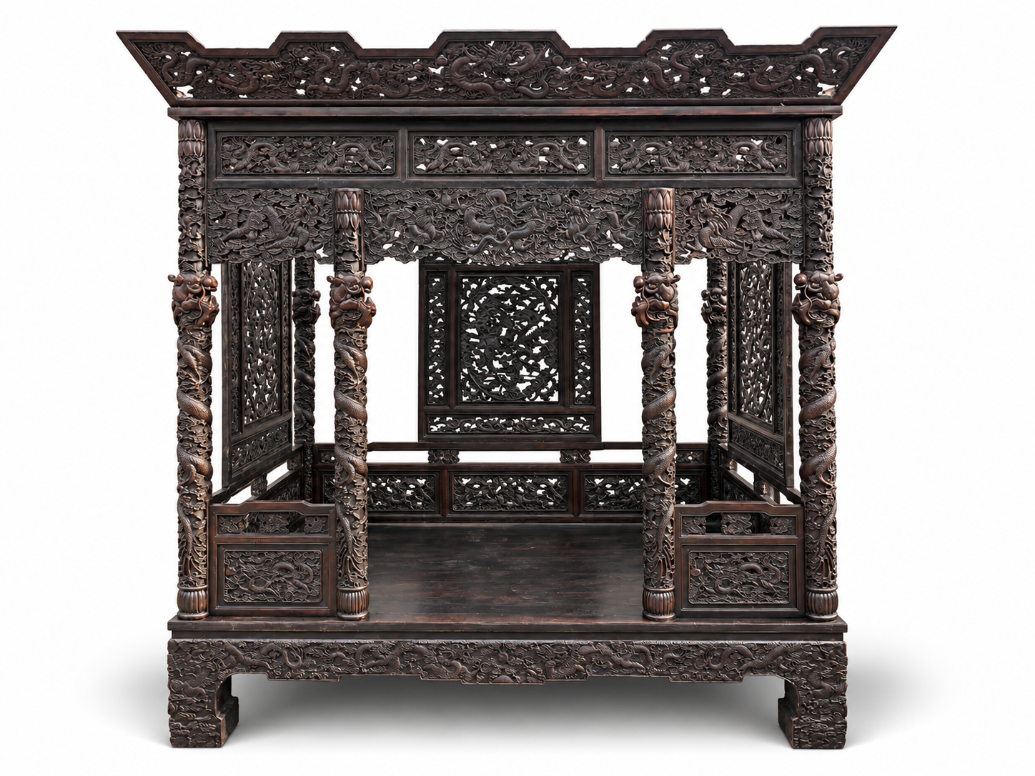 Qing Dynasty Red Sandalwood traditional mortise-and-tenon structure eight-step dragon pattern bed