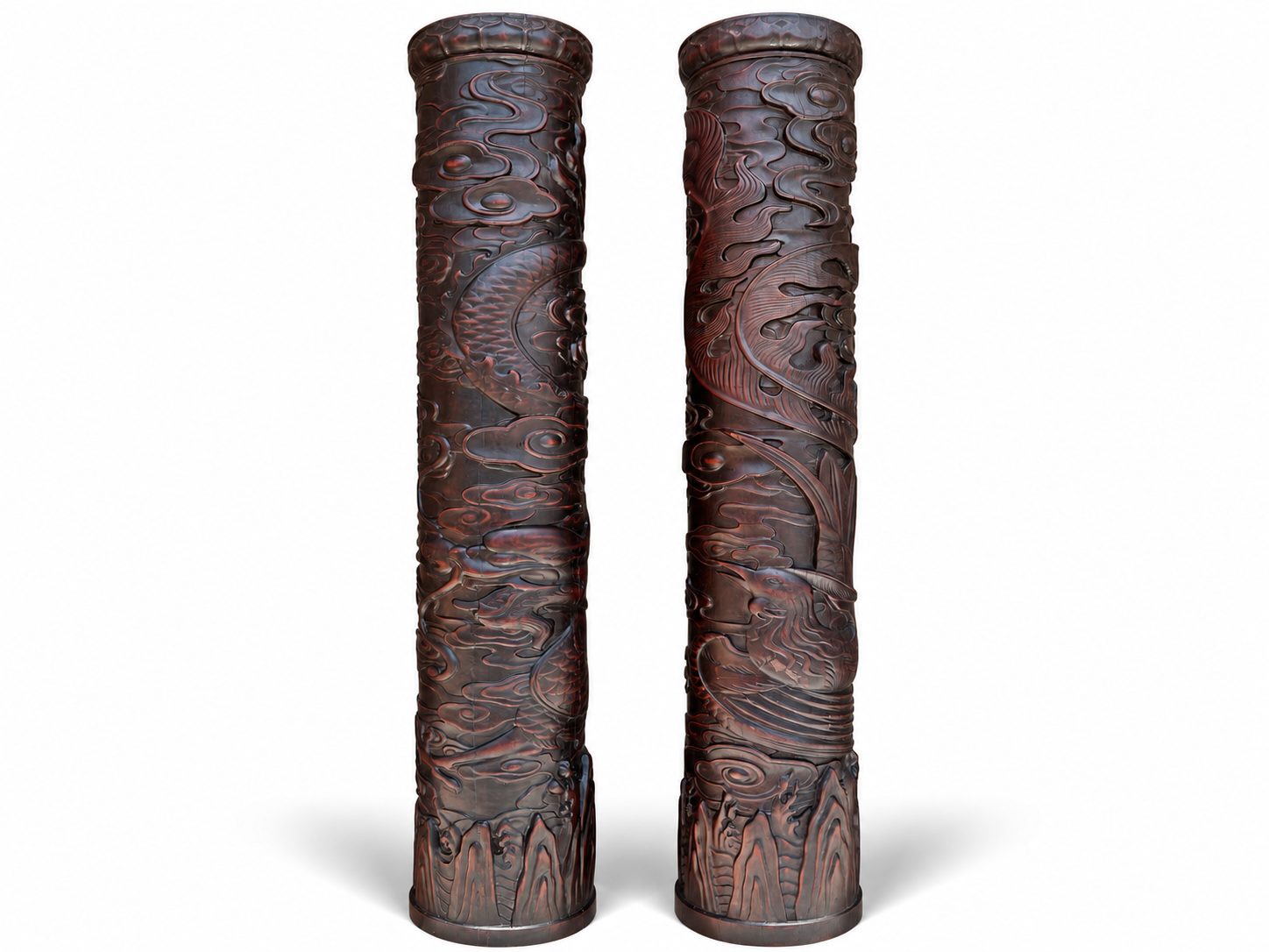 Qing Dynasty Sandalwood dragon pattern carvings pair relief pillars