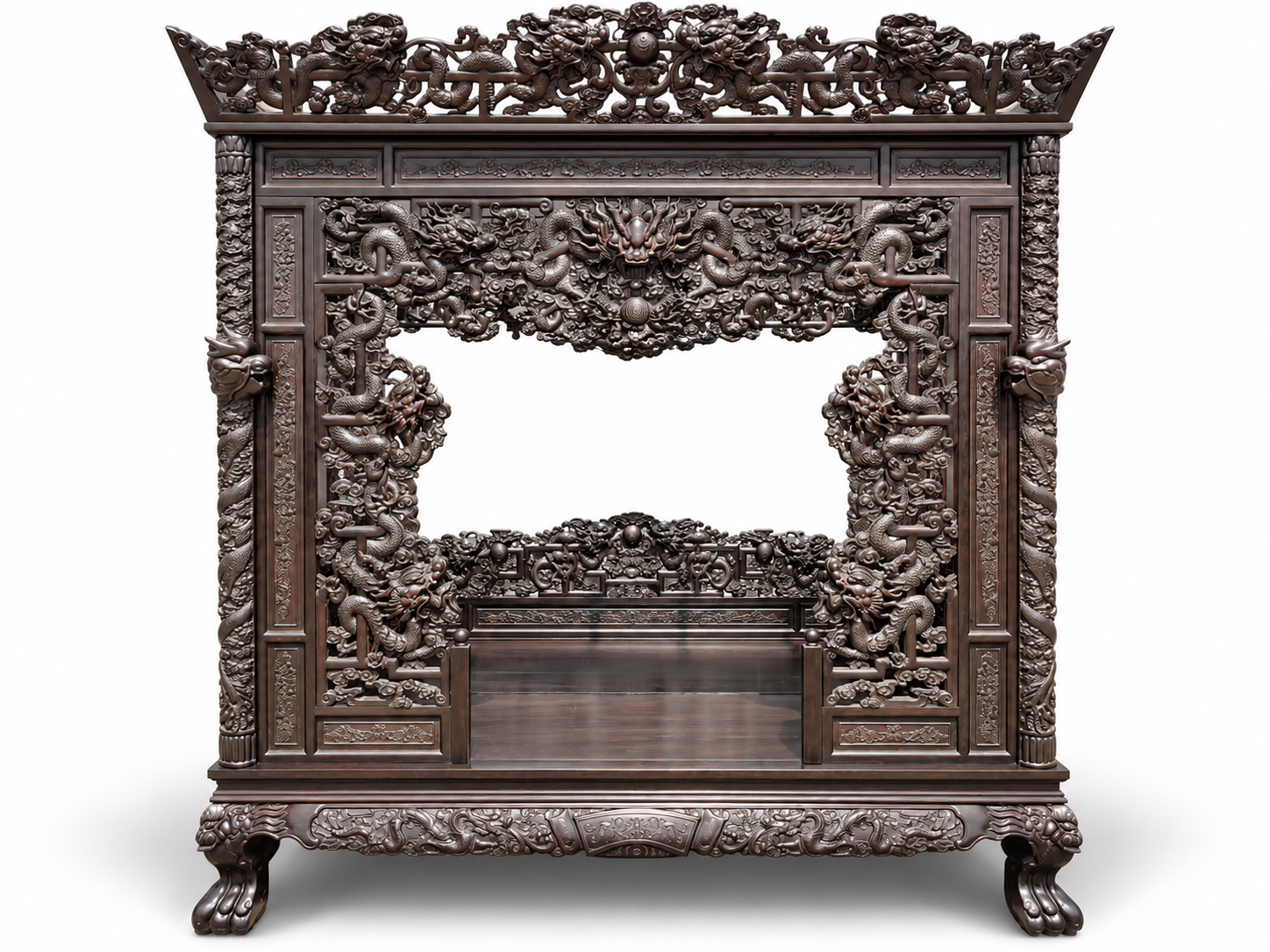 Qing Dynasty Red Sandalwood traditional mortise-and-tenon structure eight-step dragon pattern bed
