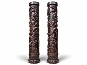 Qing Dynasty Sandalwood dragon pattern carvings pair relief pillars