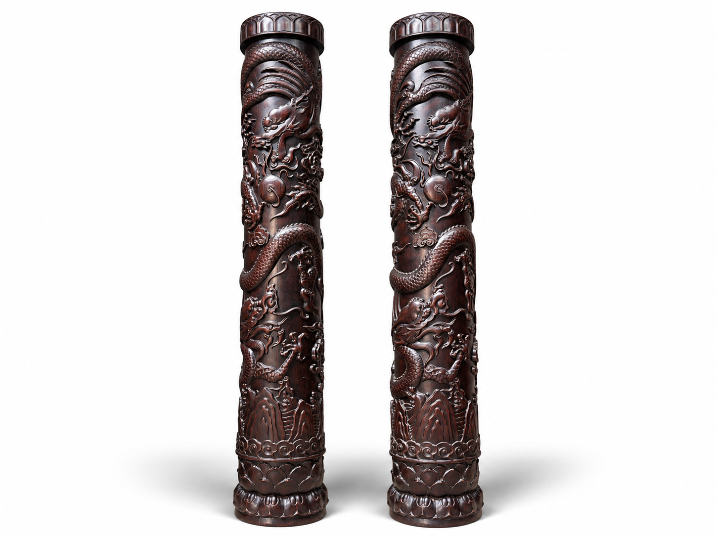 Qing Dynasty Sandalwood dragon pattern carvings pair relief pillars