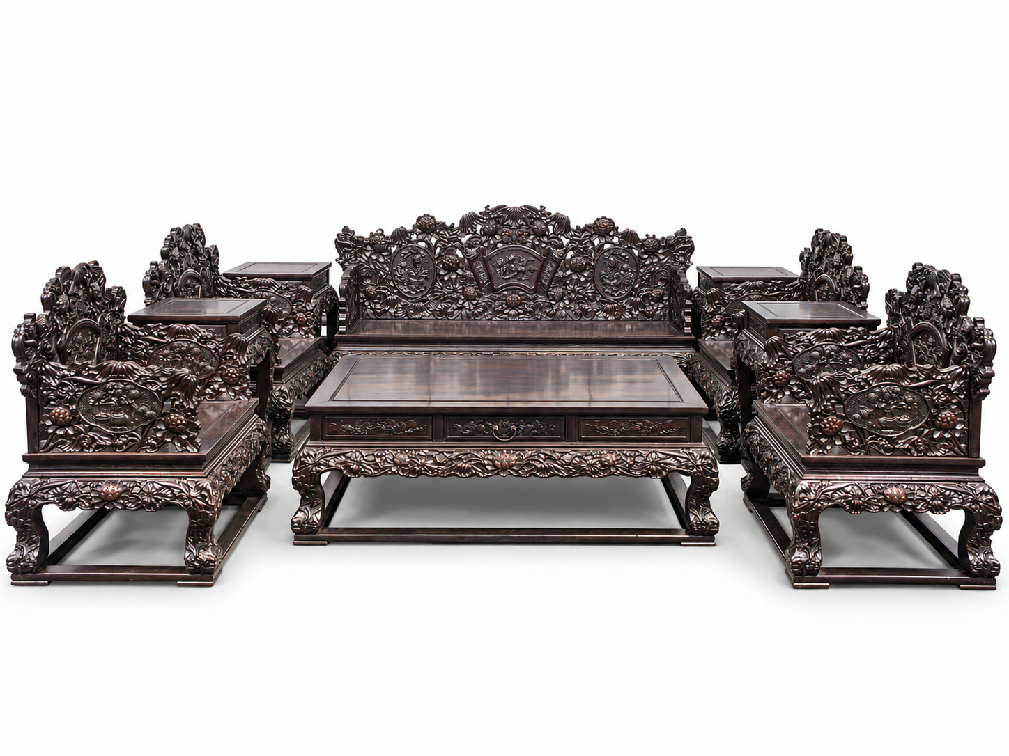 Qing Dynasty Rosewood curved hand Flower lotus pattern Ten-piece set Tables and Chair
