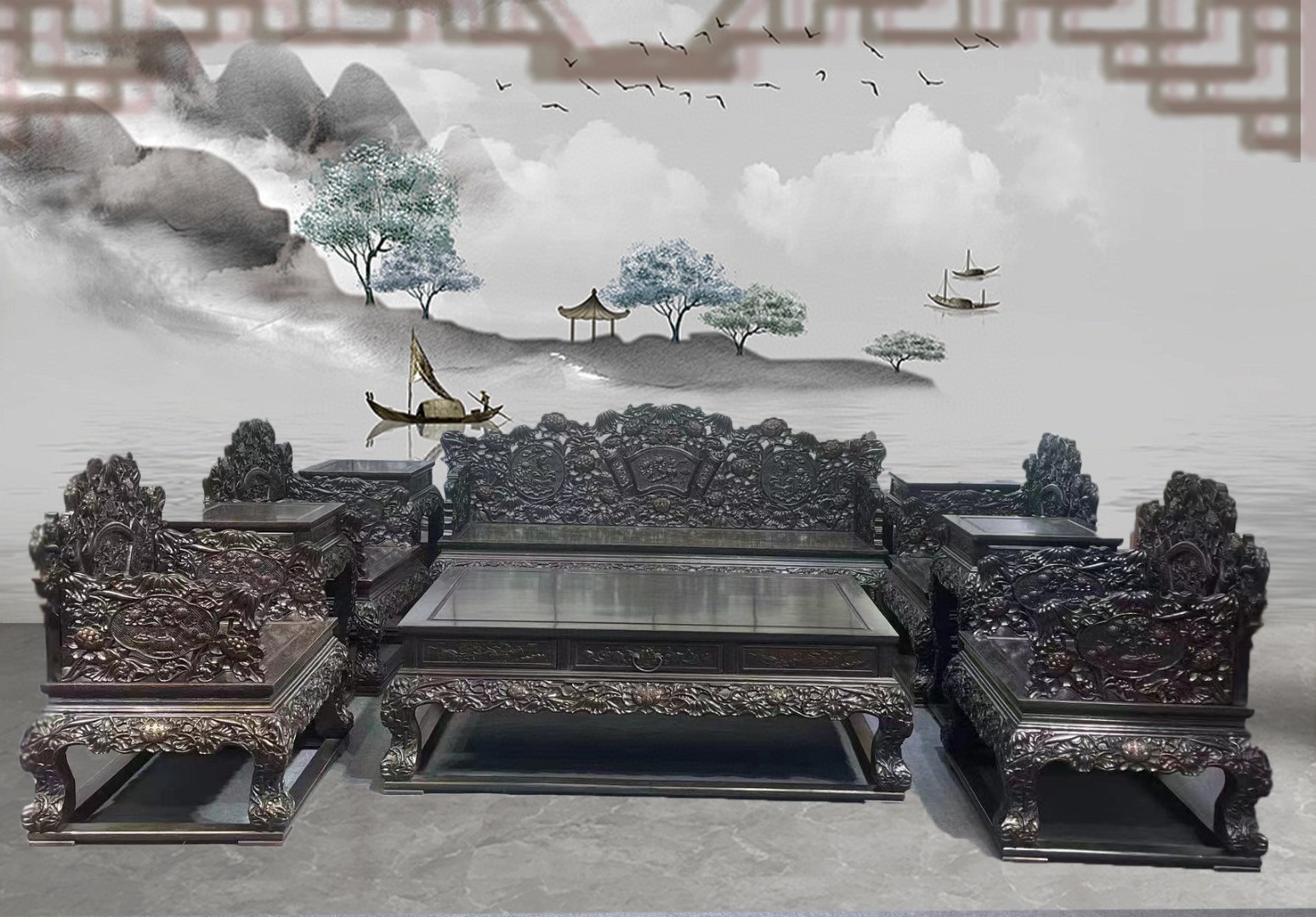 Qing Dynasty Rosewood curved hand Flower lotus pattern Ten-piece set Tables and Chair