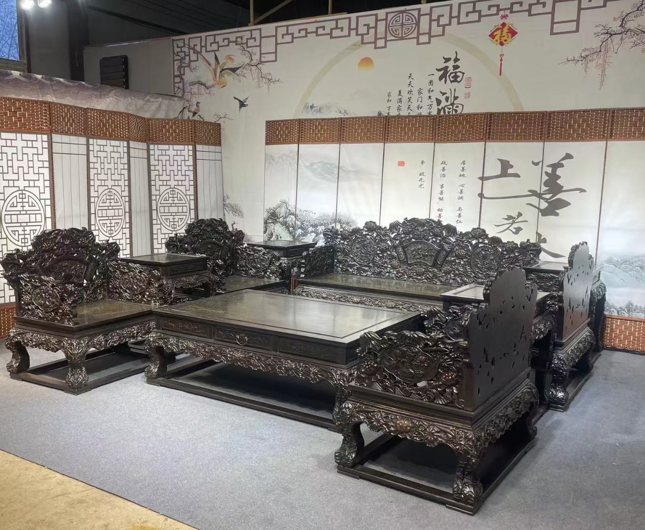 Qing Dynasty Rosewood curved hand Flower lotus pattern Ten-piece set Tables and Chair