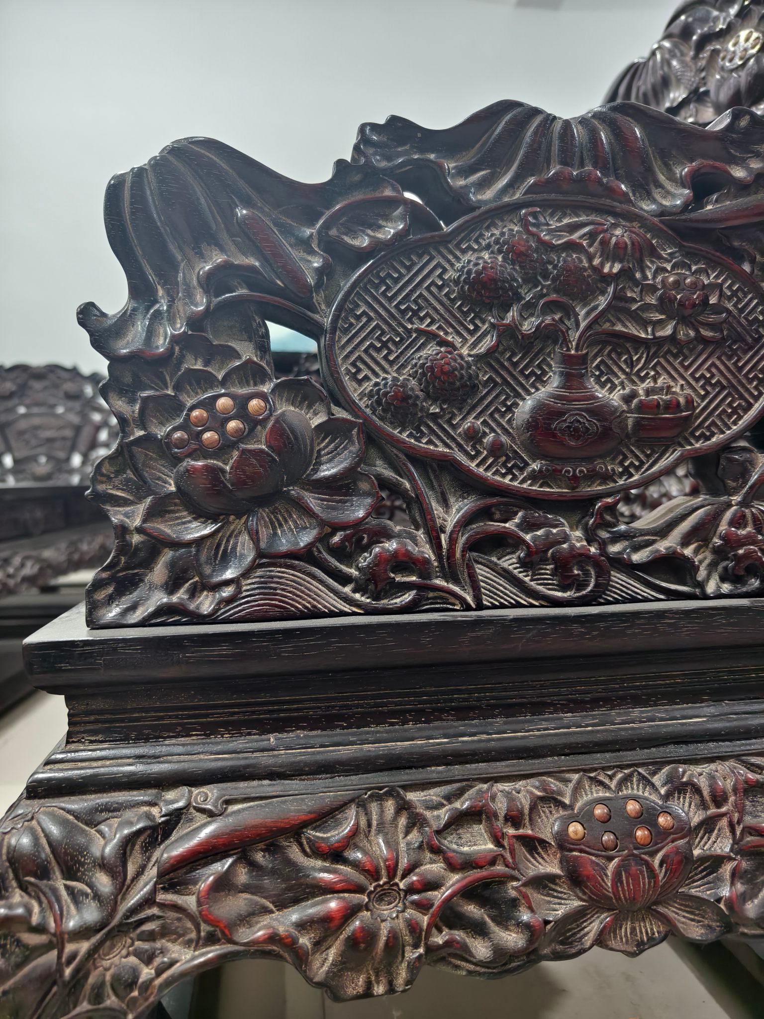Qing Dynasty Rosewood curved hand Flower lotus pattern Ten-piece set Tables and Chair
