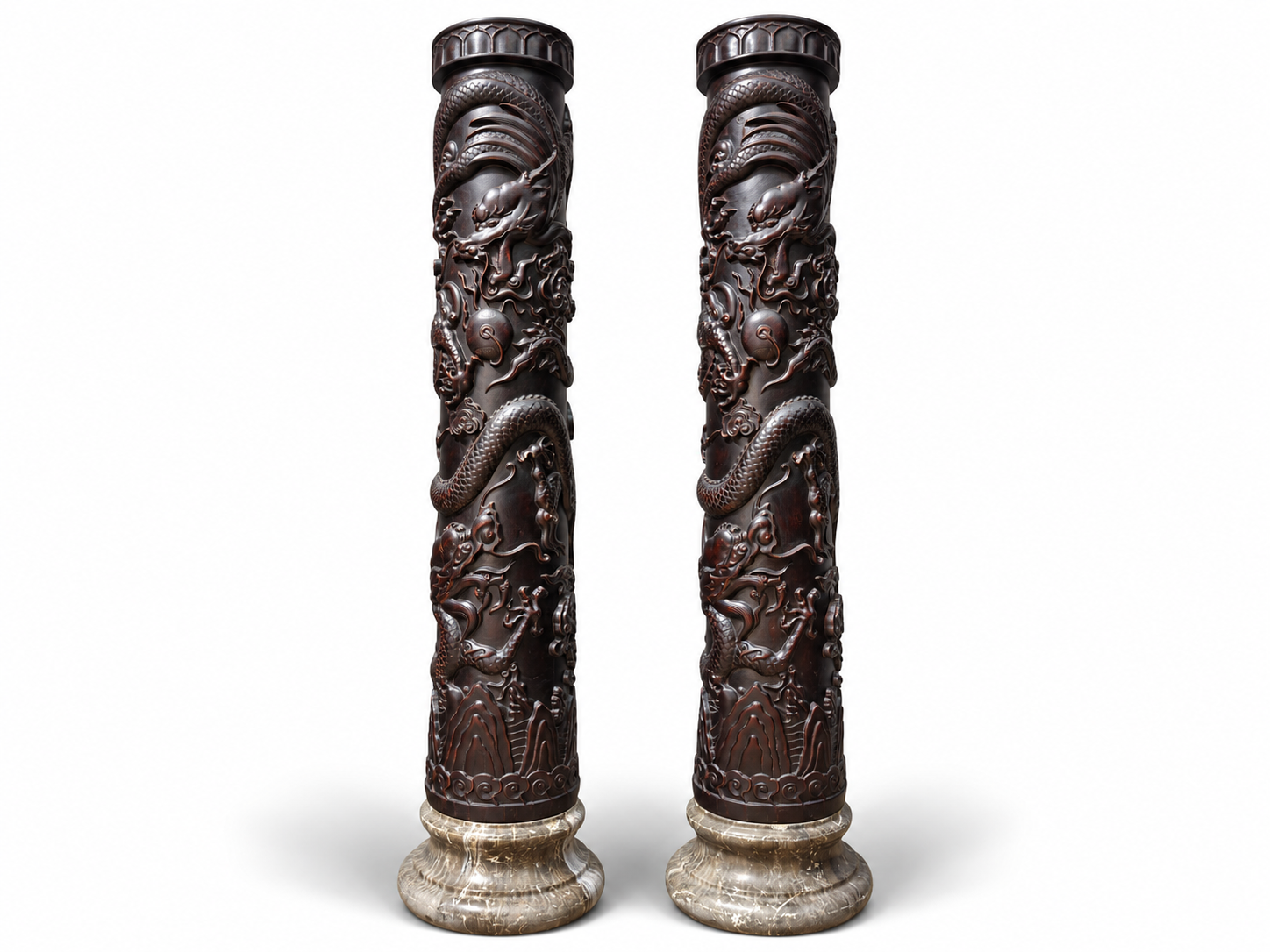 Qing Dynasty Sandalwood dragon pattern carvings pair relief pillars
