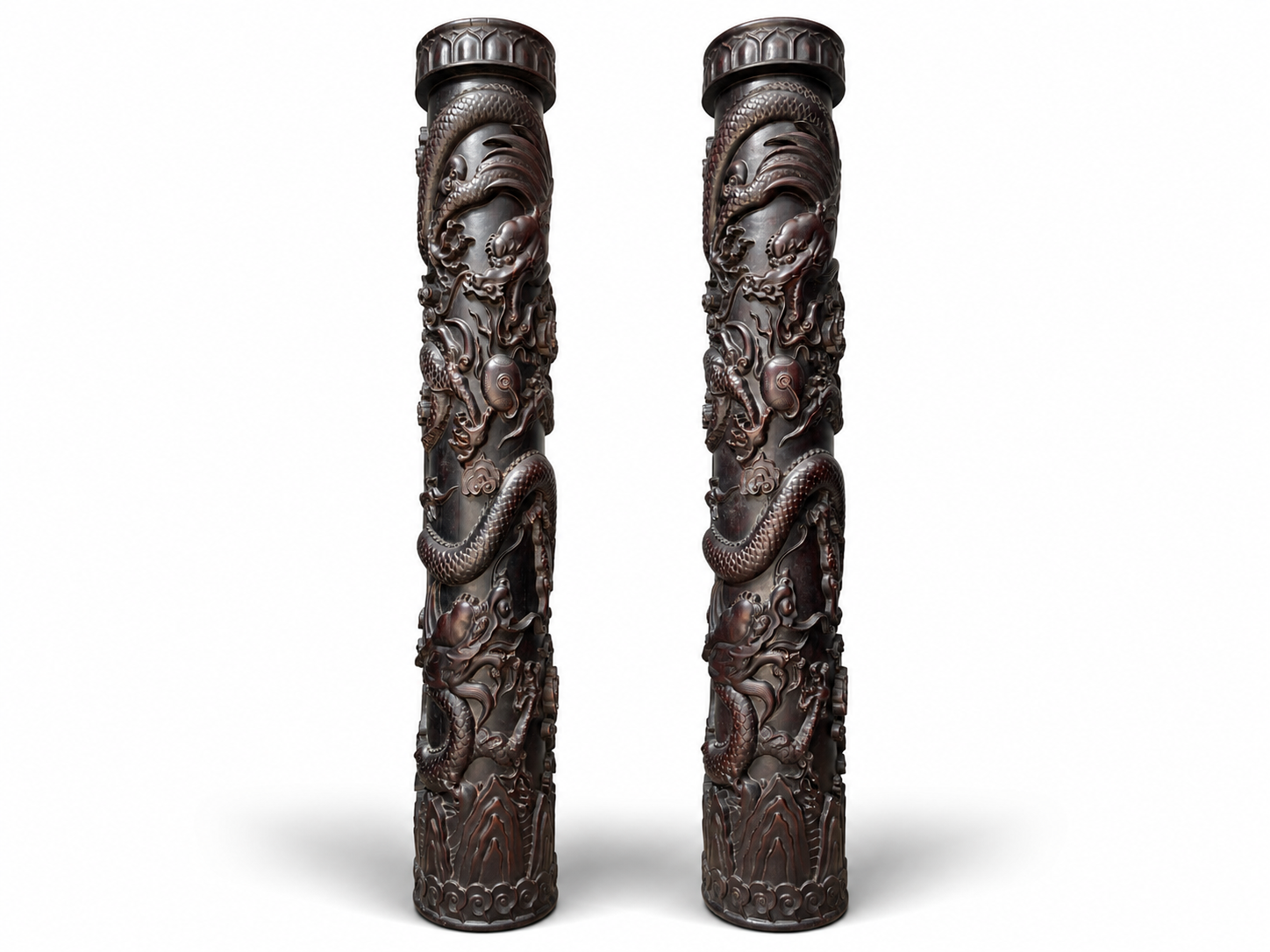 Qing Dynasty Sandalwood dragon pattern carvings pair relief pillars