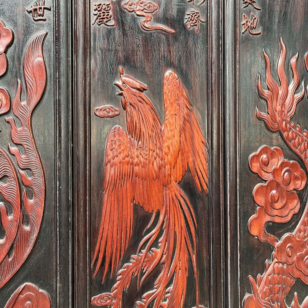 Qing Dynasty Rosewood carvings of dragons and phoenixes showing four screens