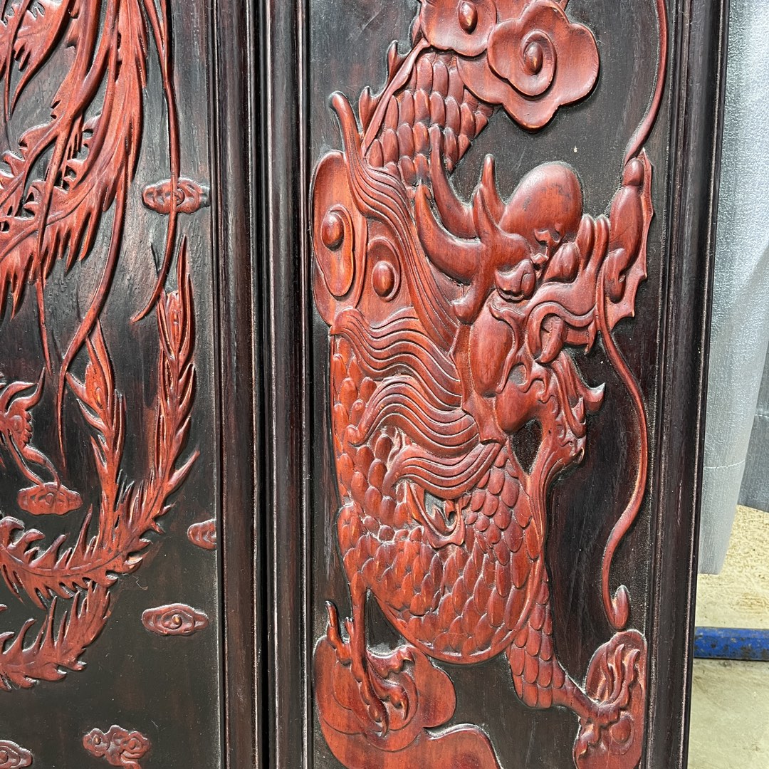 Qing Dynasty Rosewood carvings of dragons and phoenixes showing four screens