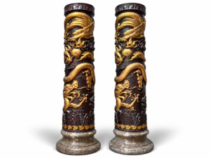Qing Dynasty Red Sandalwood and gold dragon feng shui pair pillars