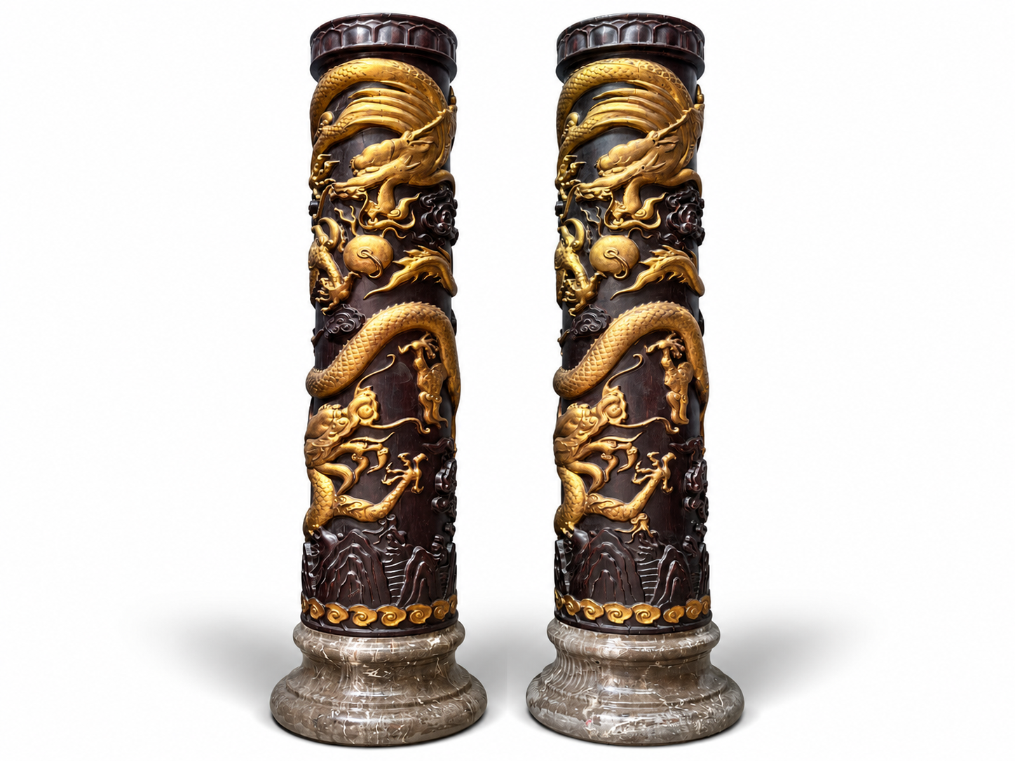 Qing Dynasty Red Sandalwood and gold dragon feng shui pair pillars