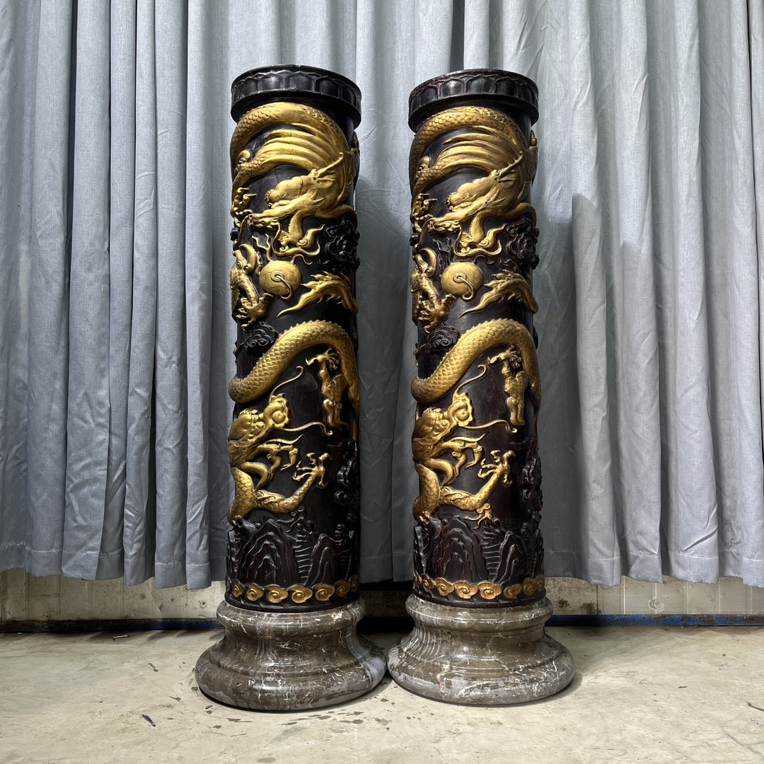Qing Dynasty Red Sandalwood and gold dragon feng shui pair pillars