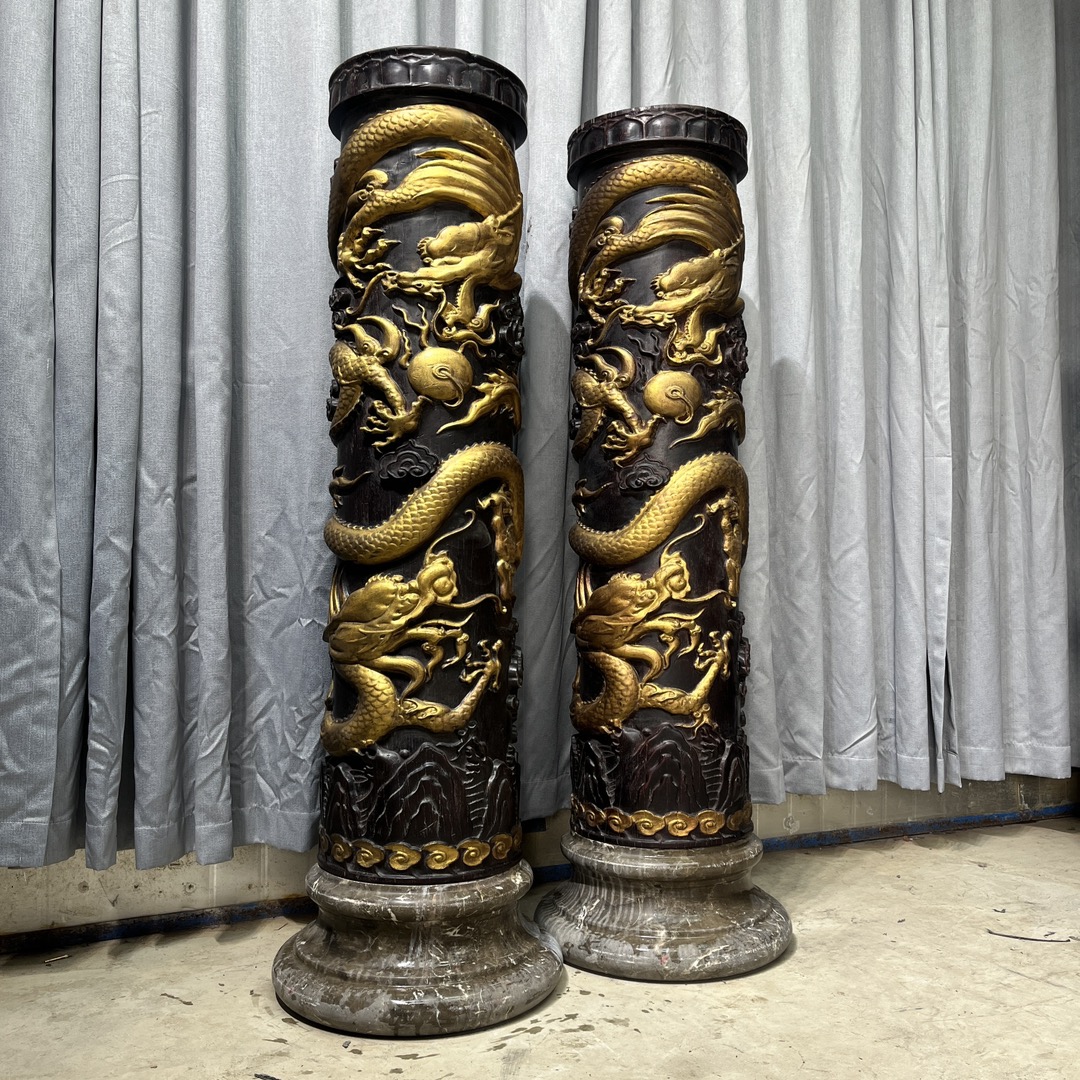 Qing Dynasty Red Sandalwood and gold dragon feng shui pair pillars