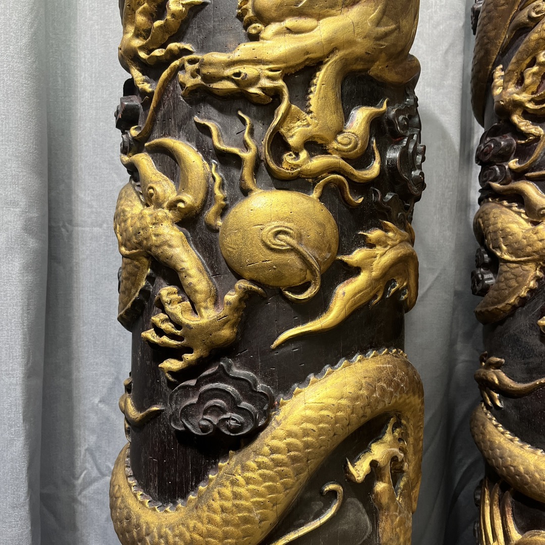 Qing Dynasty Red Sandalwood and gold dragon feng shui pair pillars