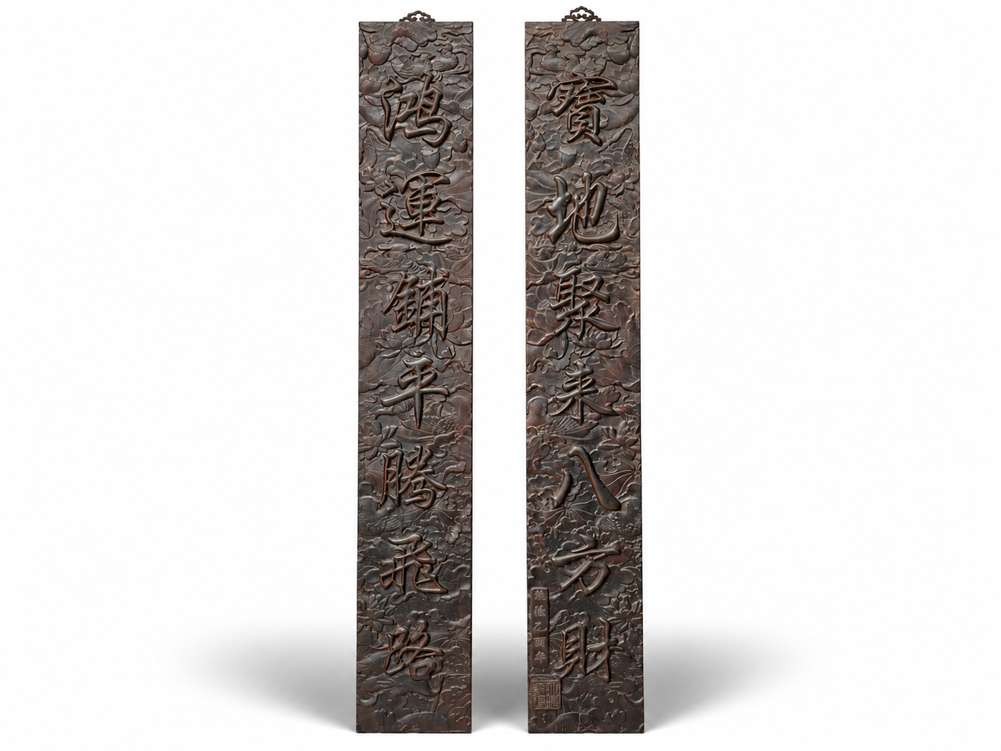 Qing Dynasty Sandalwood fully carved relief couplets pair single-board
