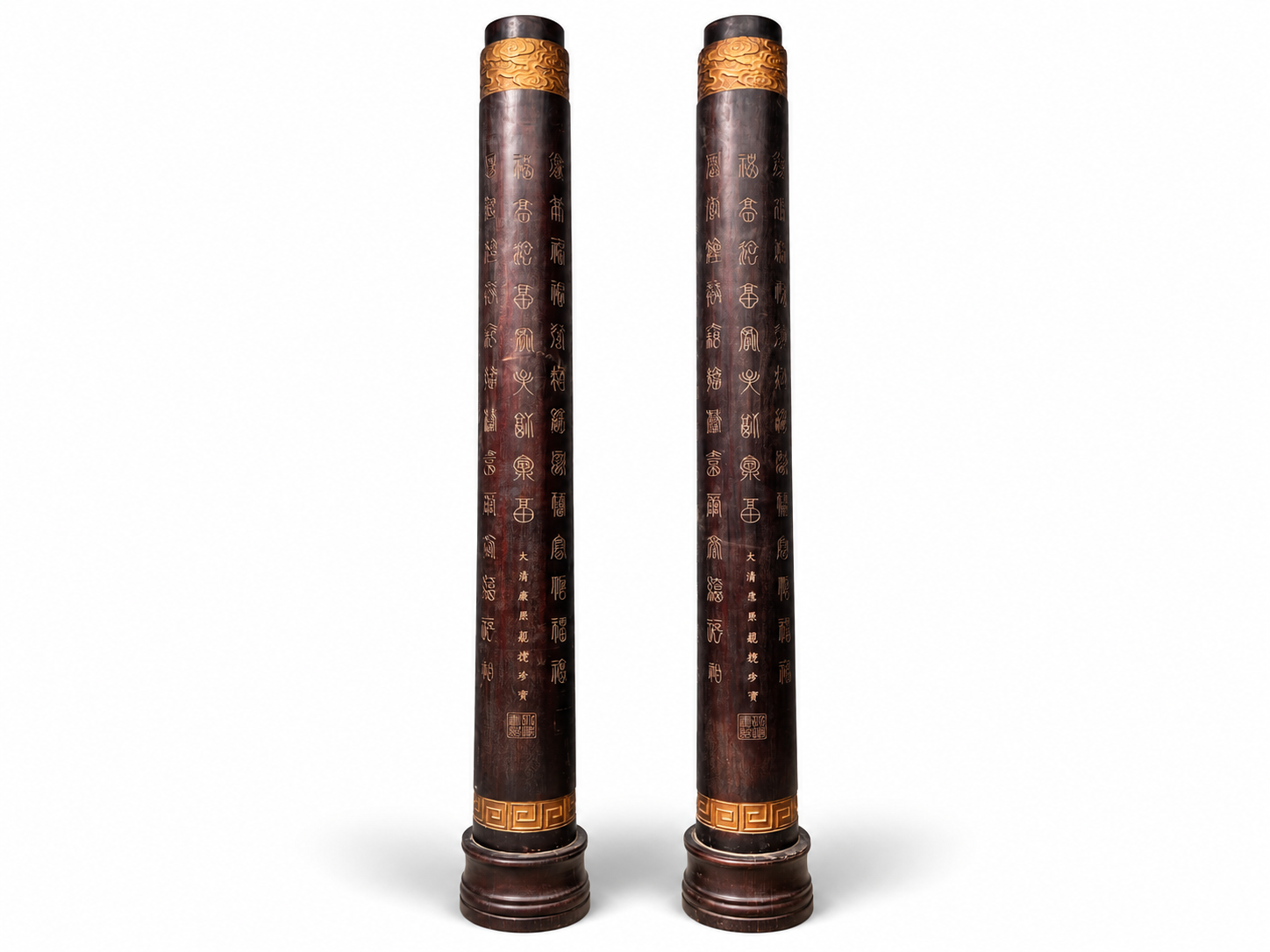 Qing Dynasty Sandalwood gold-painted hundred blessing and clouds pattern pillars