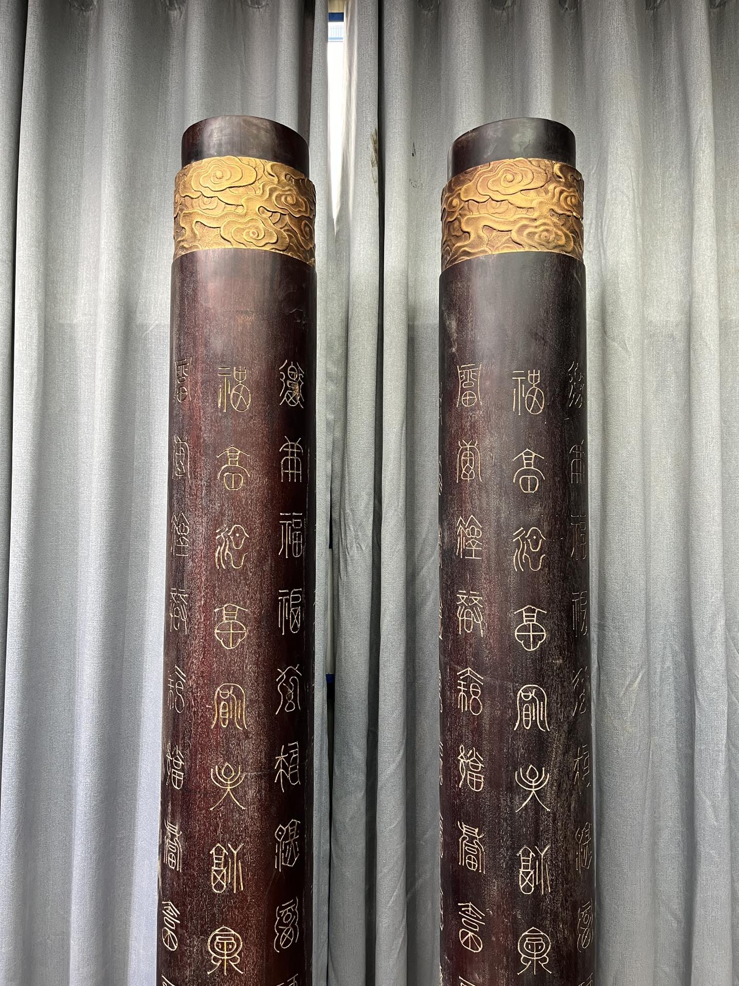 Qing Dynasty Sandalwood gold-painted hundred blessing and clouds pattern pillars