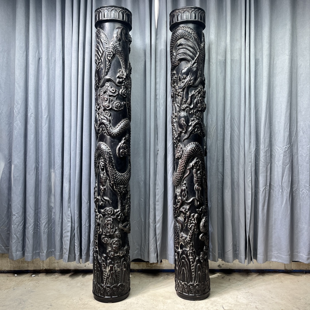 Qing Dynasty Sandalwood hand-engraved Dragon pattern feng shui pillar