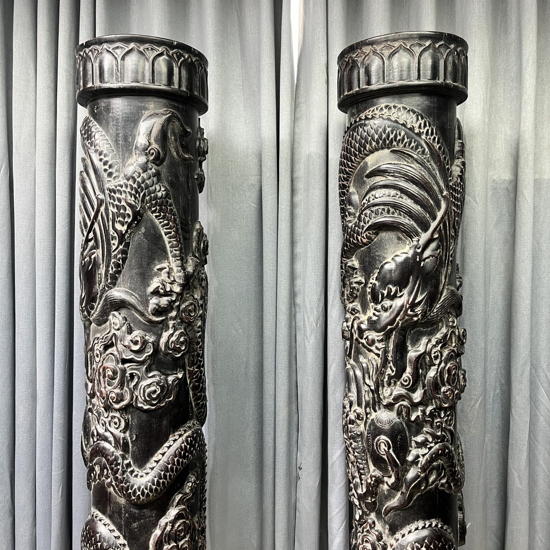Qing Dynasty Sandalwood hand-engraved Dragon pattern feng shui pillar