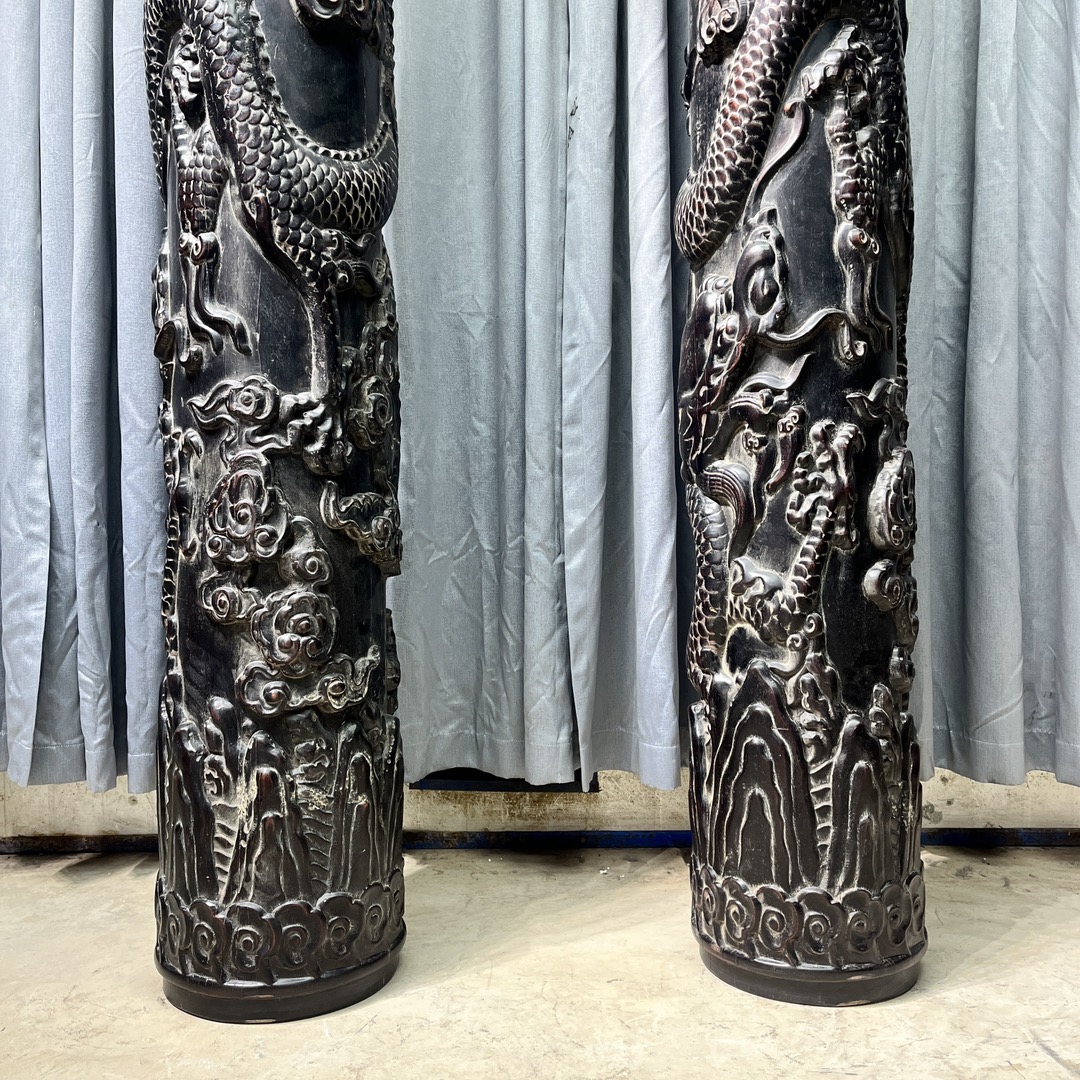 Qing Dynasty Sandalwood hand-engraved Dragon pattern feng shui pillar