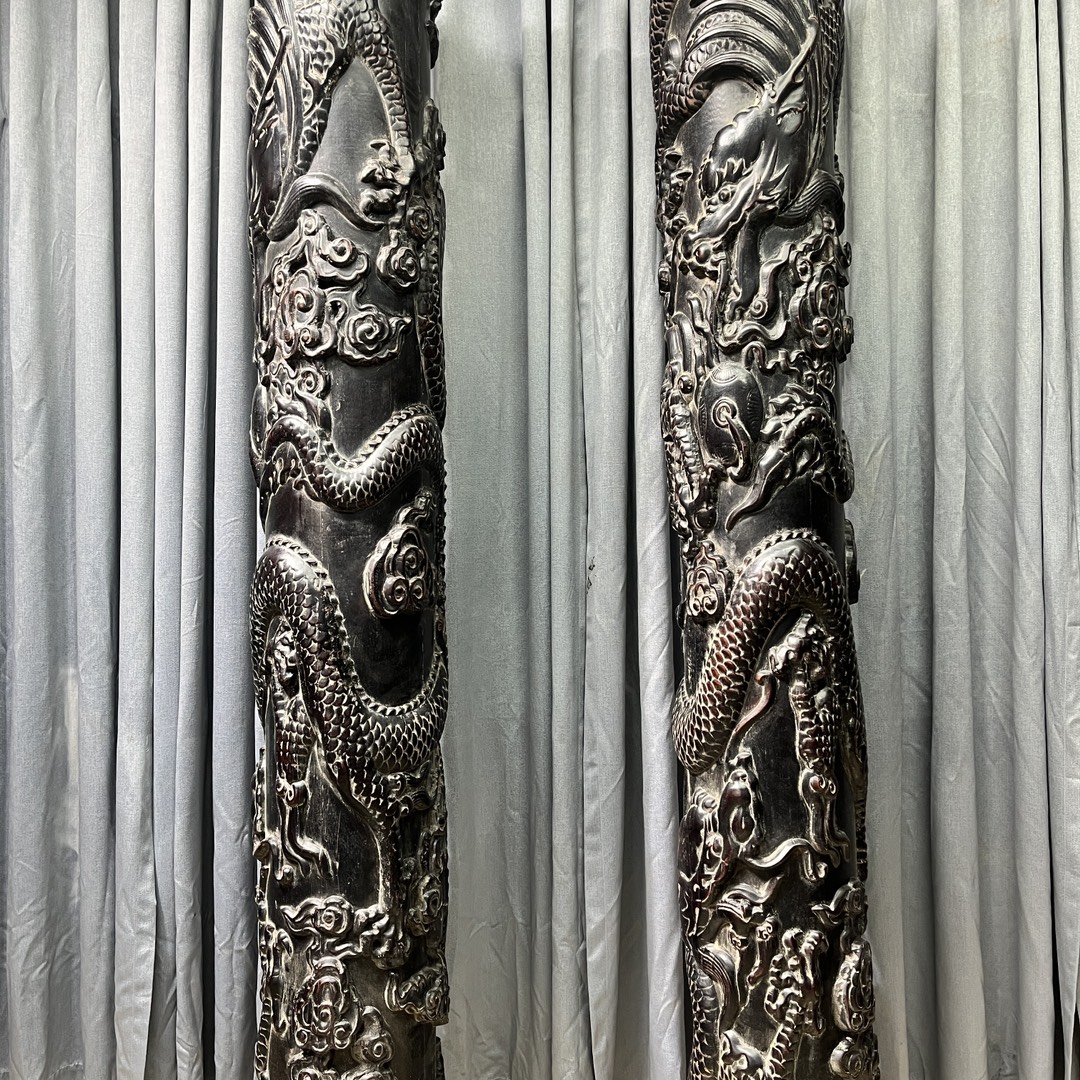 Qing Dynasty Sandalwood hand-engraved Dragon pattern feng shui pillar