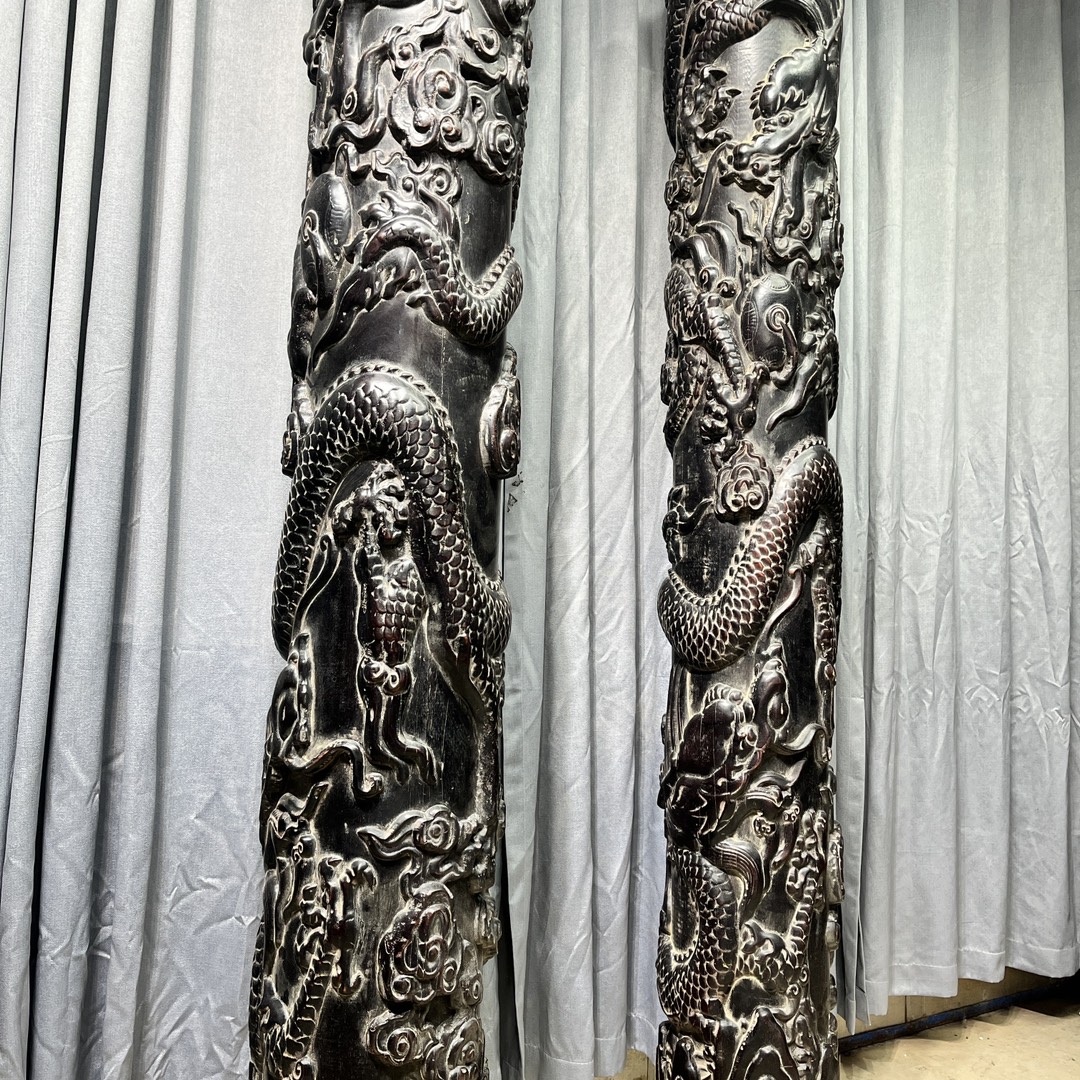 Qing Dynasty Sandalwood hand-engraved Dragon pattern feng shui pillar