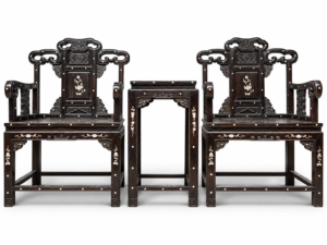 Qing Dynasty Sandalwood inlaid Three-piece shell flower and bird Taishi chair set
