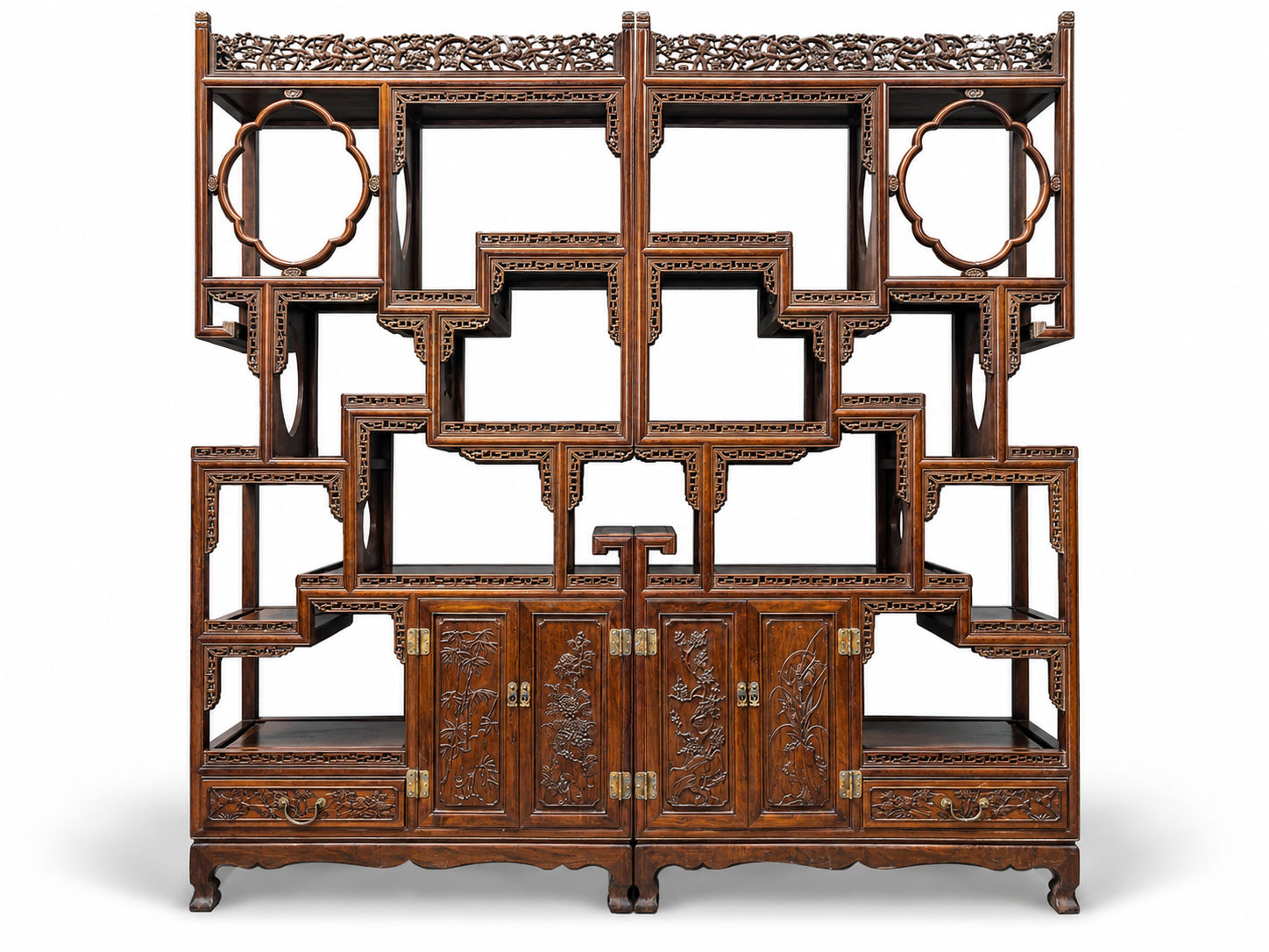 Qing Dynasty Rosewood hand-engraved flower pattern pair antique shelves